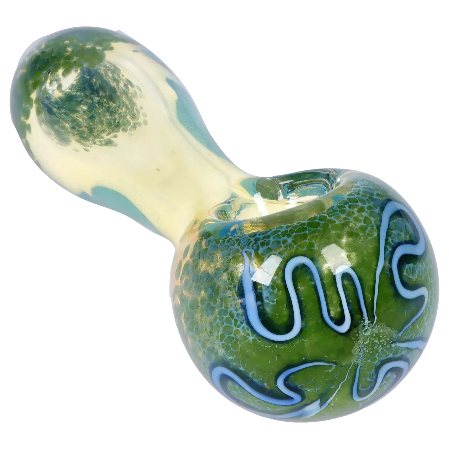 Angled close-up of the DHC Frit Fumed with Piping Spoon Pipe - 2.5 in., showing a green mottled bowl with blue piped swirls.
