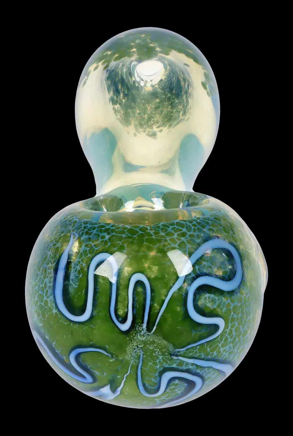 Close-up front view of the DHC Frit Fumed with Piping Spoon Pipe - 2.5 in., showing a glossy green rounded bowl with light-blue piped squiggles against a black background