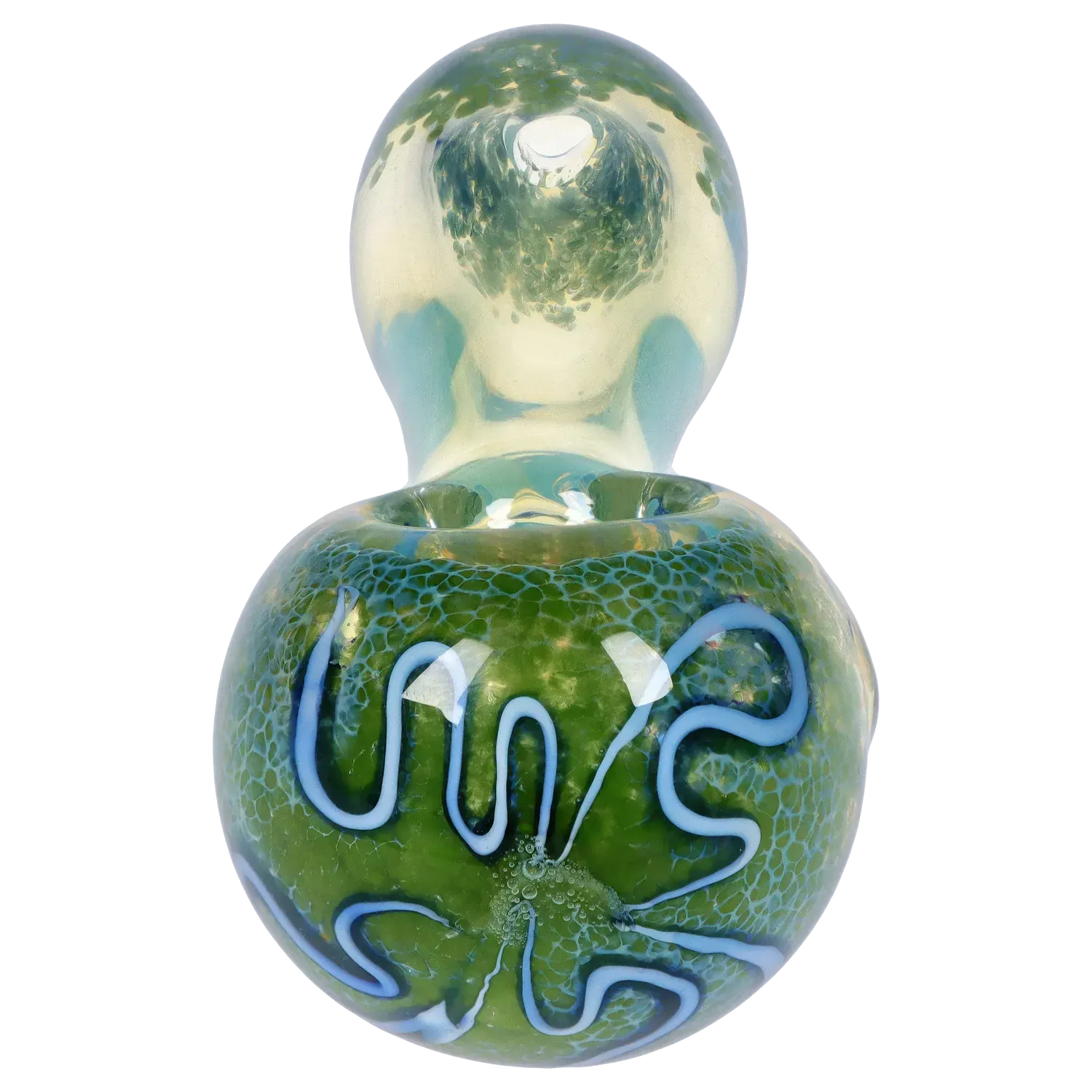 Top-down close-up of the green DHC Frit Fumed with Piping Spoon Pipe - 2.5 in. showing textured frit glass and pale blue piped swirls around the bowl.