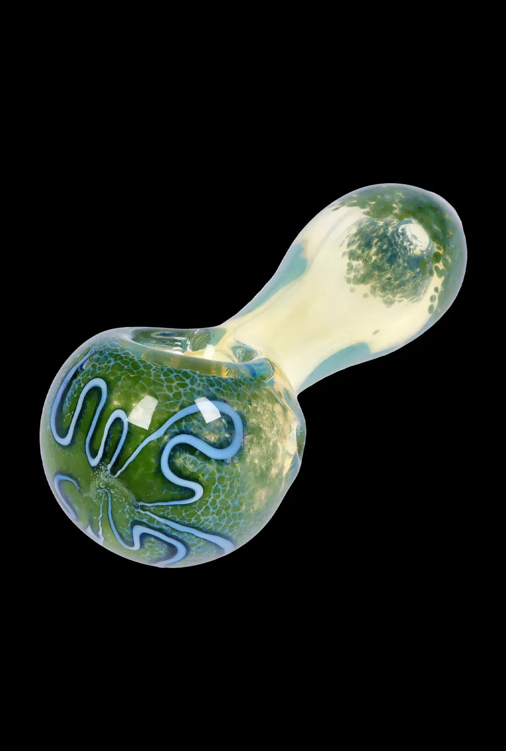 Angled close-up of the DHC Frit Fumed with Piping Spoon Pipe - 2.5 in., showing its green frit-pattern bowl with pale blue piped swirls and a translucent, pale yellowish neck against a black background