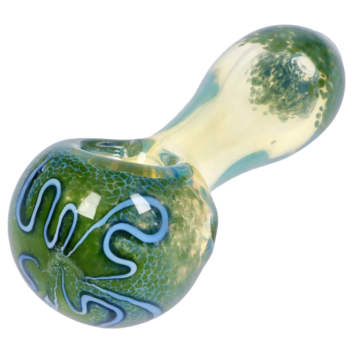 Close-up angled view of the DHC Frit Fumed with Piping Spoon Pipe - 2.5 in., showing its green mottled bowl with light blue piped squiggles.
