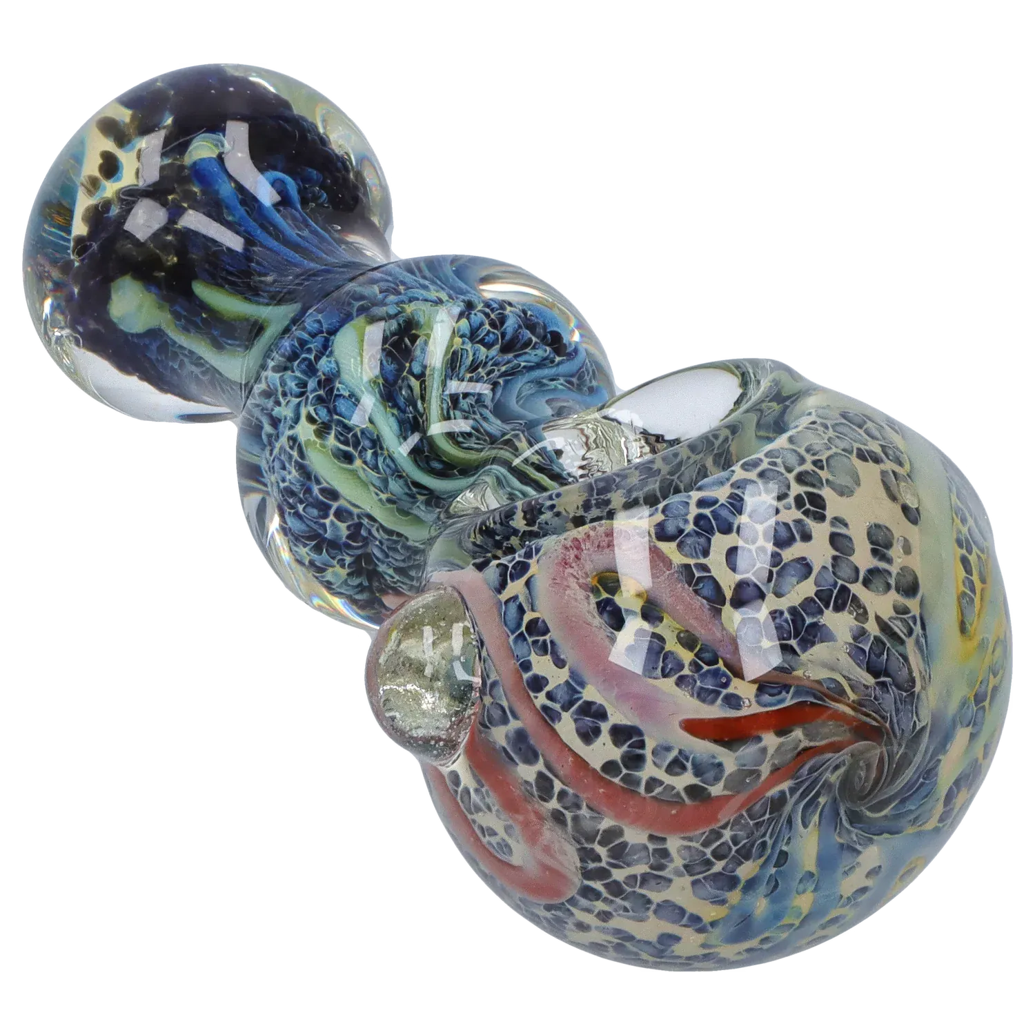 Close-up angled view of the DHC Fancy Frit Spoon Pipe - 3.5 in. showing swirled blue, pink, and speckled frit patterns under glossy clear glass.