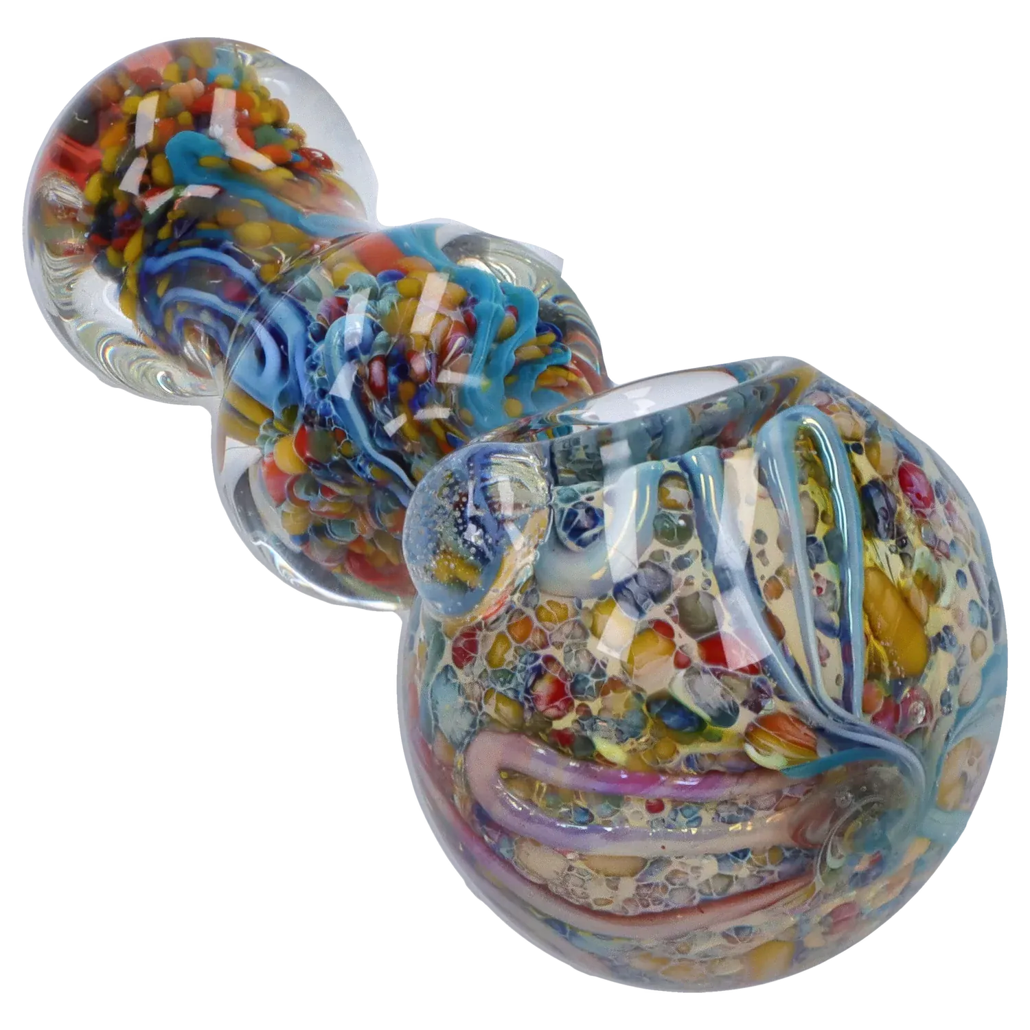 Angled close-up of the DHC Fancy Frit Spoon Pipe - 3.5 in. showing its clear glass body filled with multicolored frit and swirling blue ribbons.