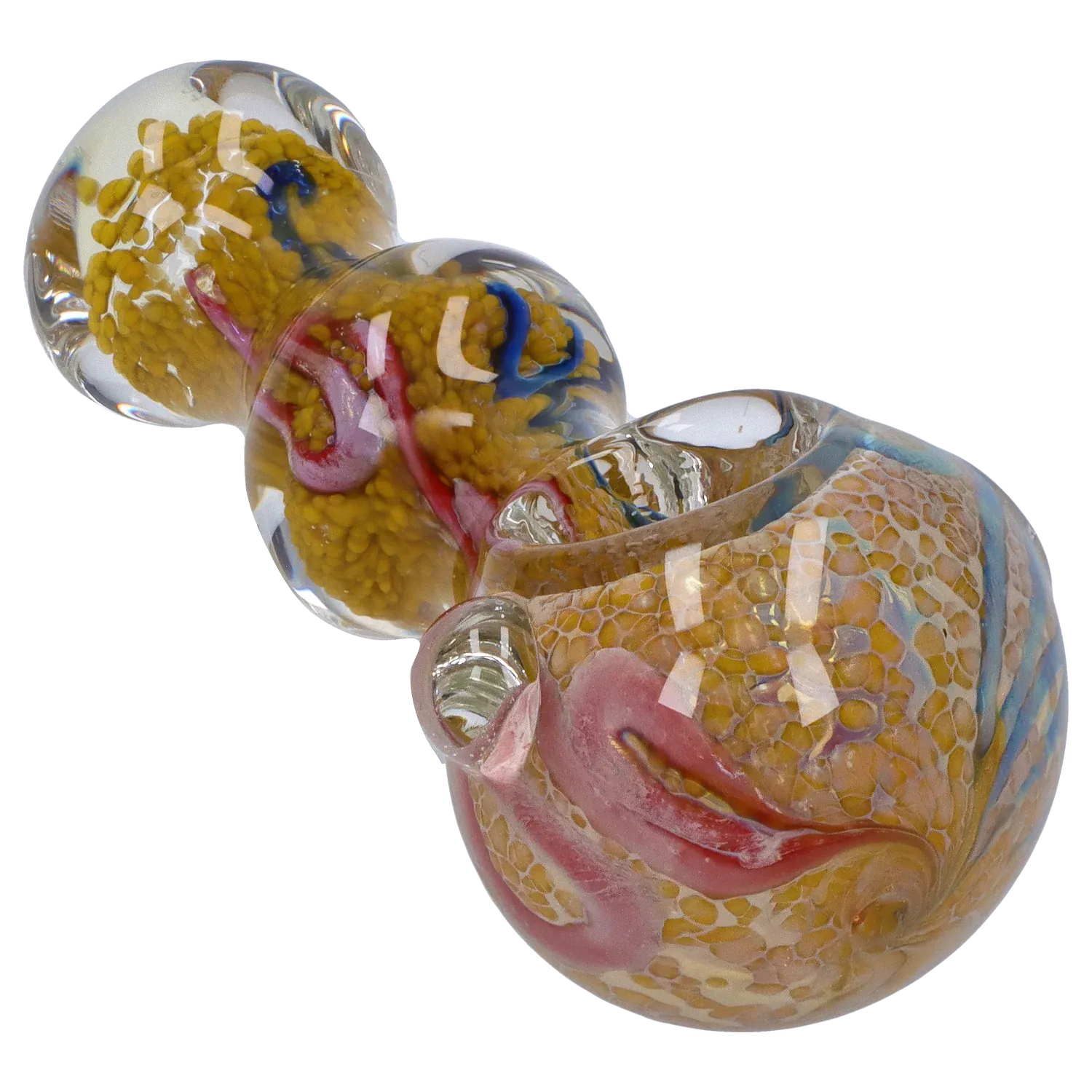 Angled close-up of the DHC Fancy Frit Spoon Pipe - 3.5 in. showing its clear glass bulbs with yellow frit and swirled pink and blue accents.