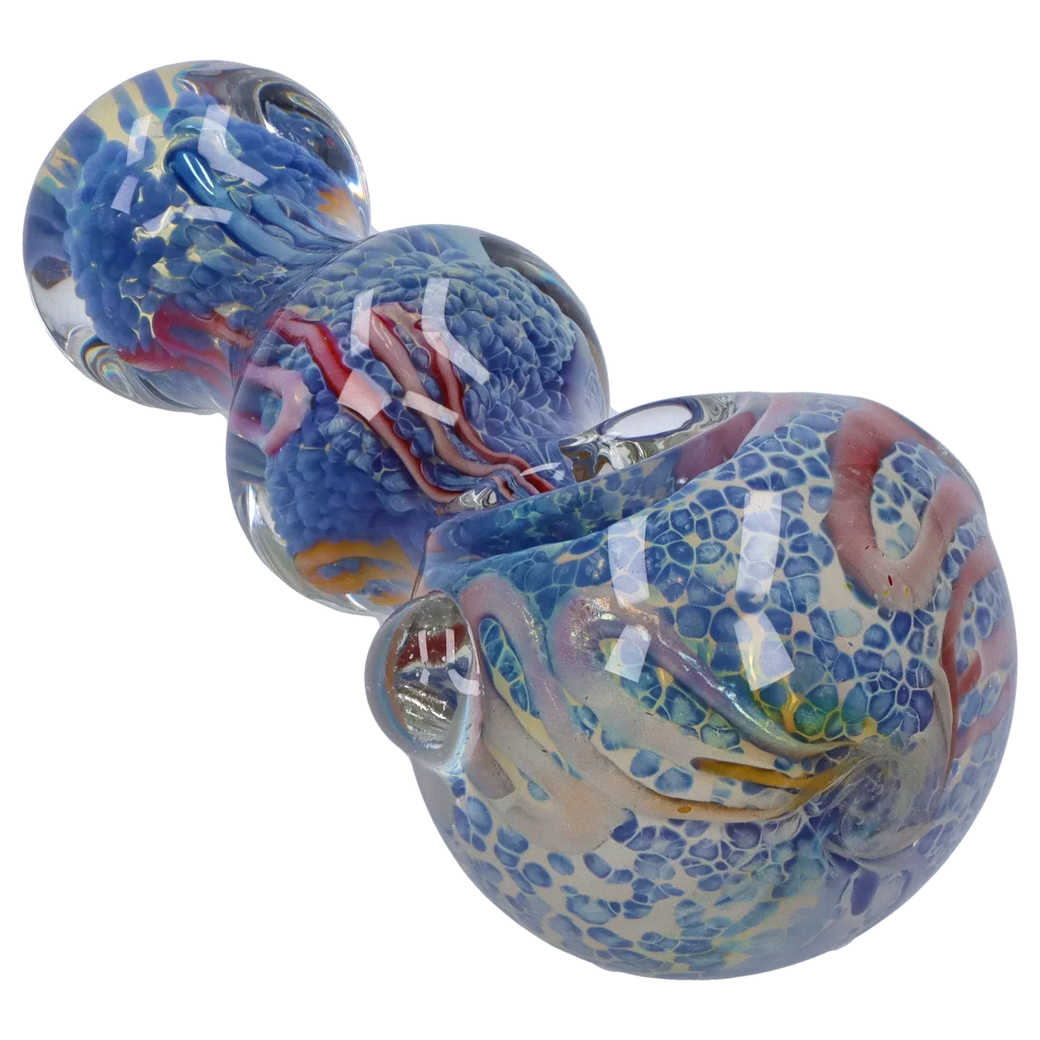Angled close-up of the DHC Fancy Frit Spoon Pipe - 3.5 in. showing blue frit patterns, pink swirls and glossy reflections.