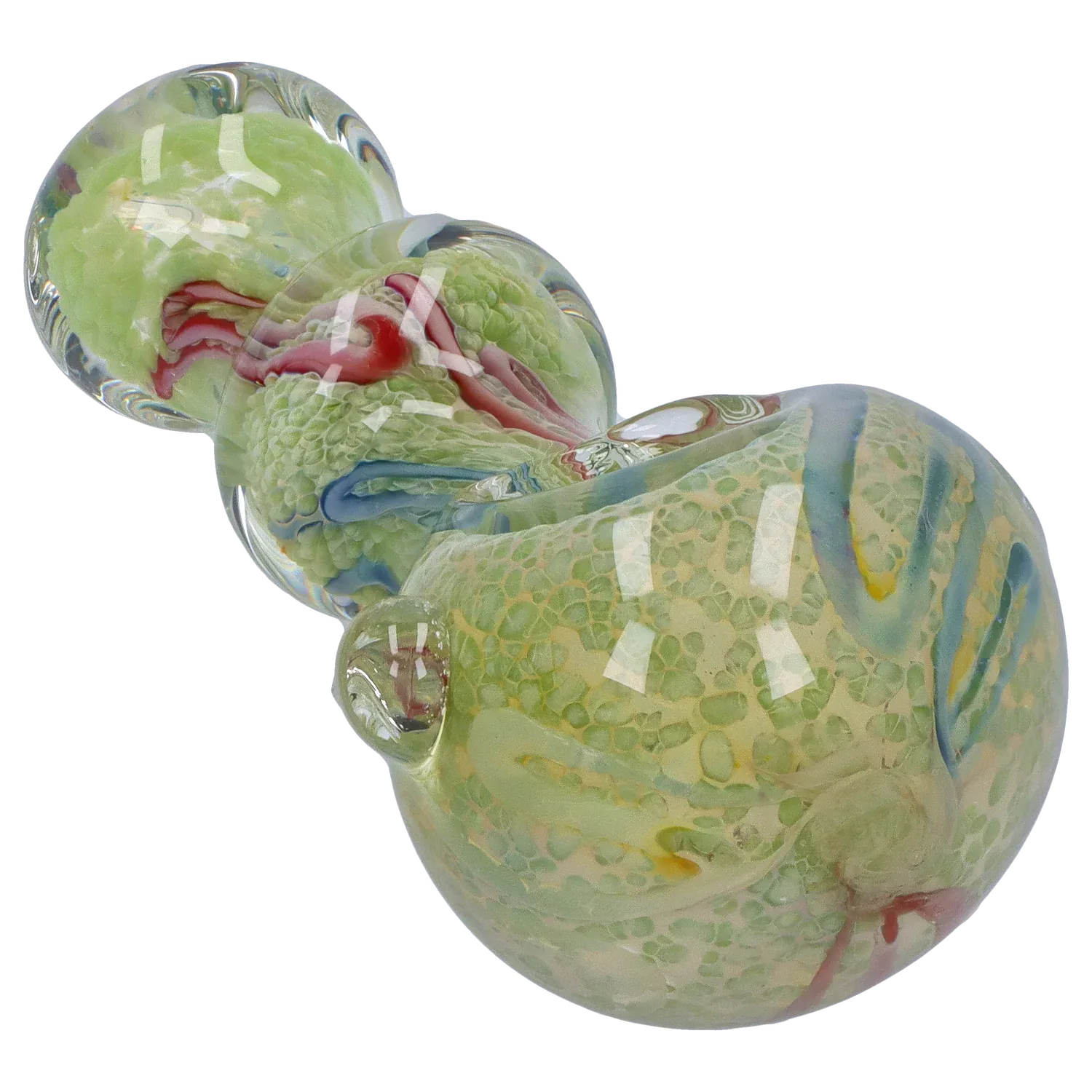 Angled close-up of the green-and-pastel DHC Fancy Frit Spoon Pipe - 3.5 in. showing textured frit patterns and glossy glass reflections