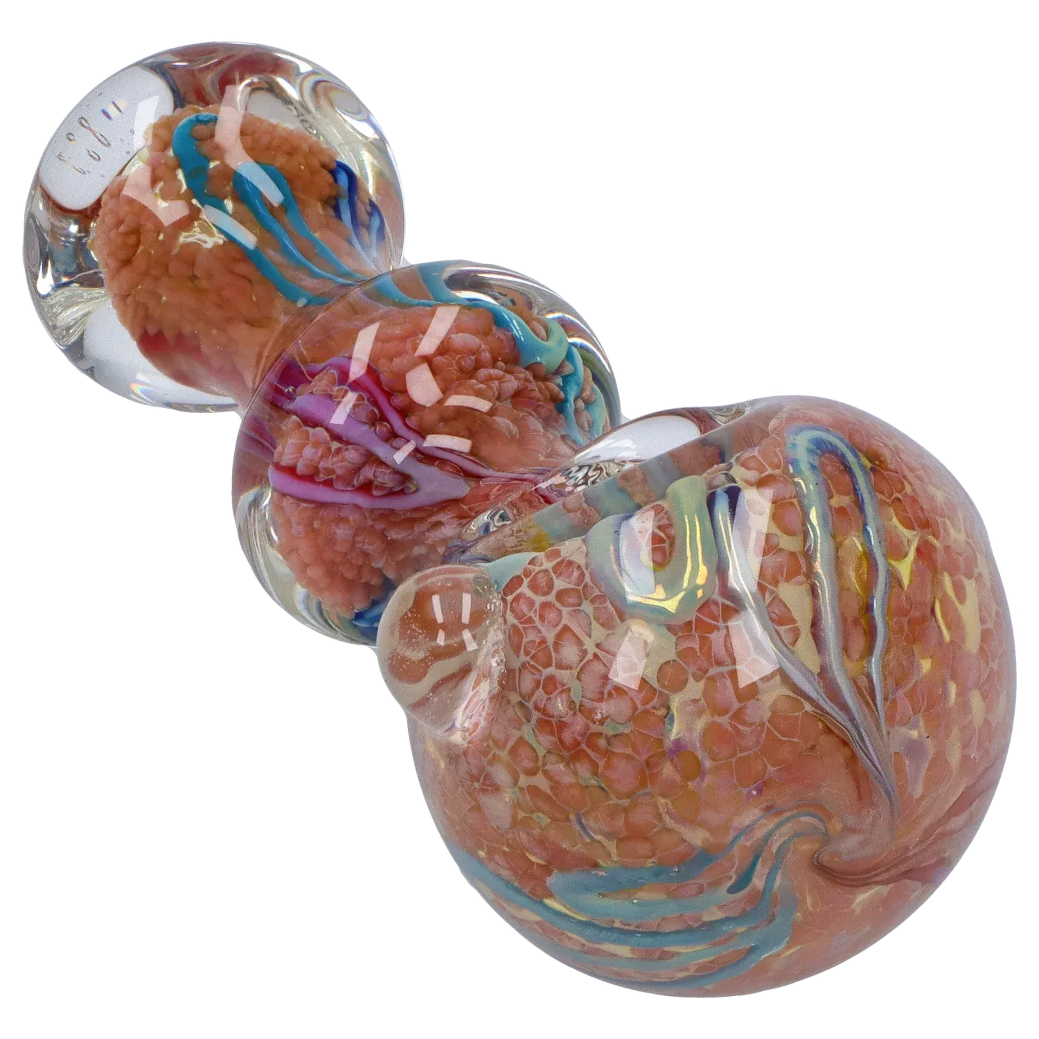 Angled close-up of the DHC Fancy Frit Spoon Pipe - 3.5 in., showing textured coral frit glass with swirled blue and purple ribbons under glossy clear glass.