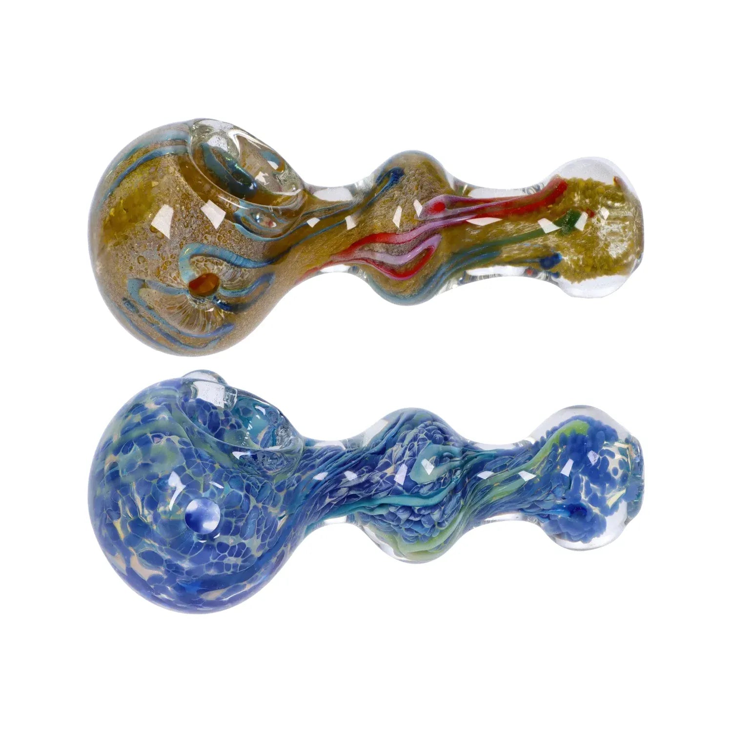 Top-down view of two hand-blown glass DHC Fancy Frit Spoon Pipe - 3.5 in. pieces, one milky green with red and blue swirls and one blue with textured frit patterns.
