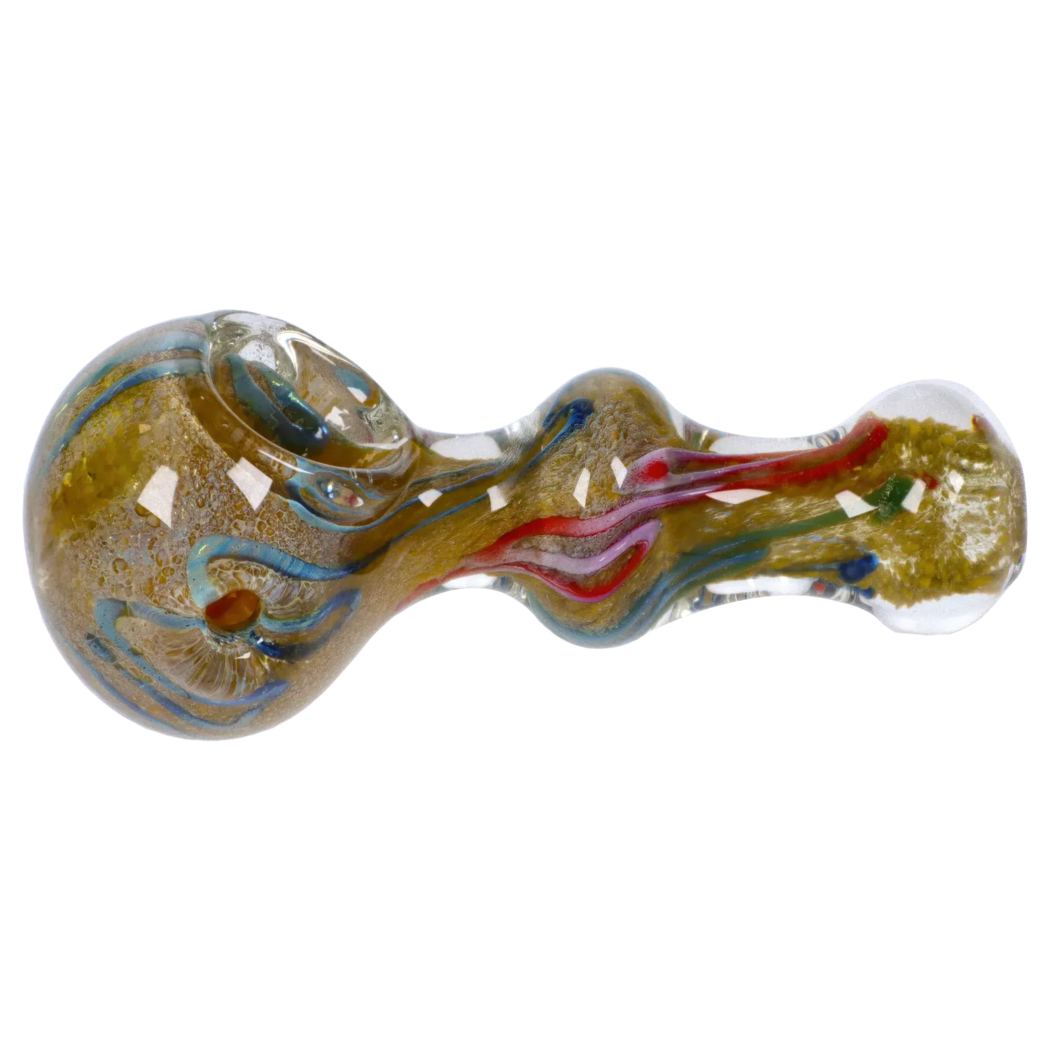 Side view of the DHC Fancy Frit Spoon Pipe - 3.5 in. showing a milky green glass spoon with swirled blue, red, and gold frit patterns and glossy highlights.