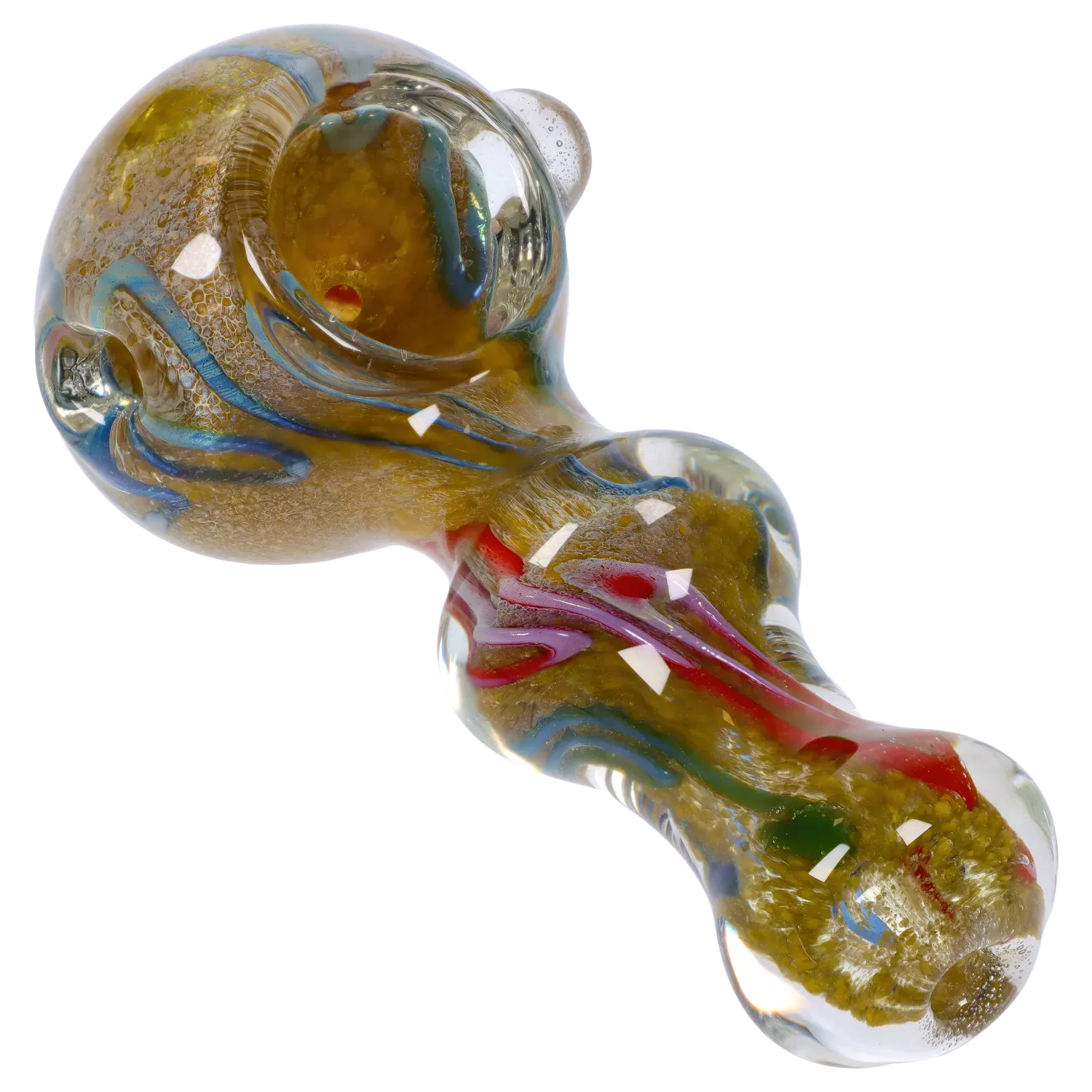 Angled close-up of the DHC Fancy Frit Spoon Pipe - 3.5 in. showing a glass bowl and twisted stem with blue, red, and purple swirls over a mottled gold interior.