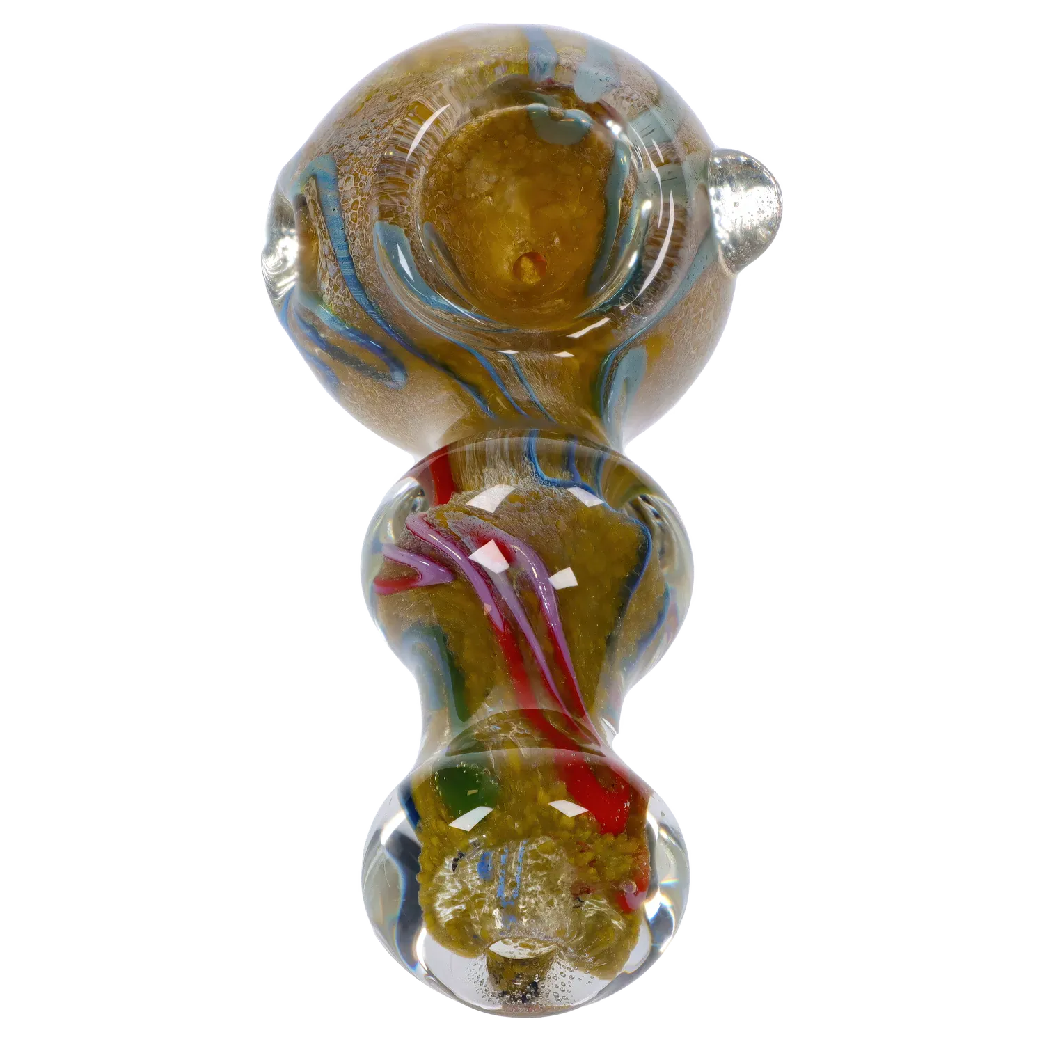 Top-down close-up of the DHC Fancy Frit Spoon Pipe - 3.5 in. showing a rounded bowl and colorful fritted glass swirls.