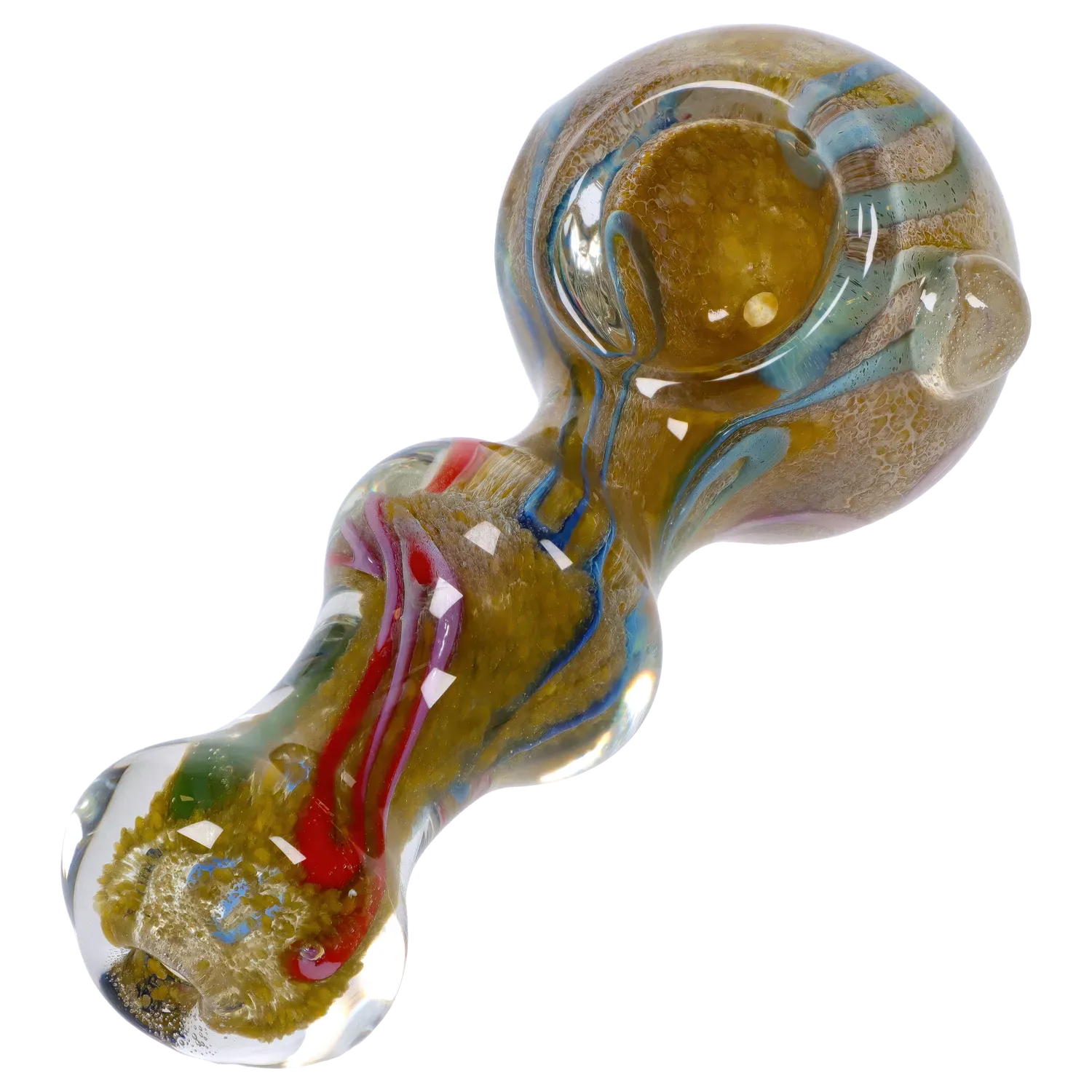 Close-up angled view of the DHC Fancy Frit Spoon Pipe - 3.5 in. showing a glossy hand-blown bowl with swirled blue, red, and green accents.
