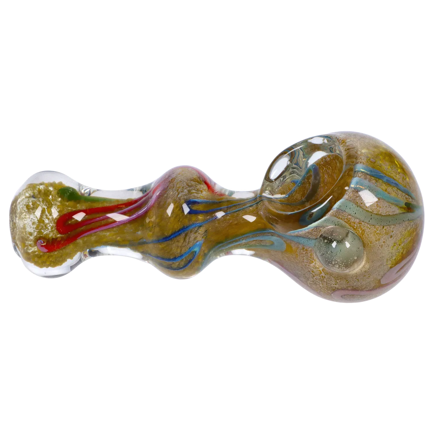 Side view of a glass hand pipe showing the DHC Fancy Frit Spoon Pipe - 3.5 in. with swirled gold, blue, and red frit patterns and a round bowl.