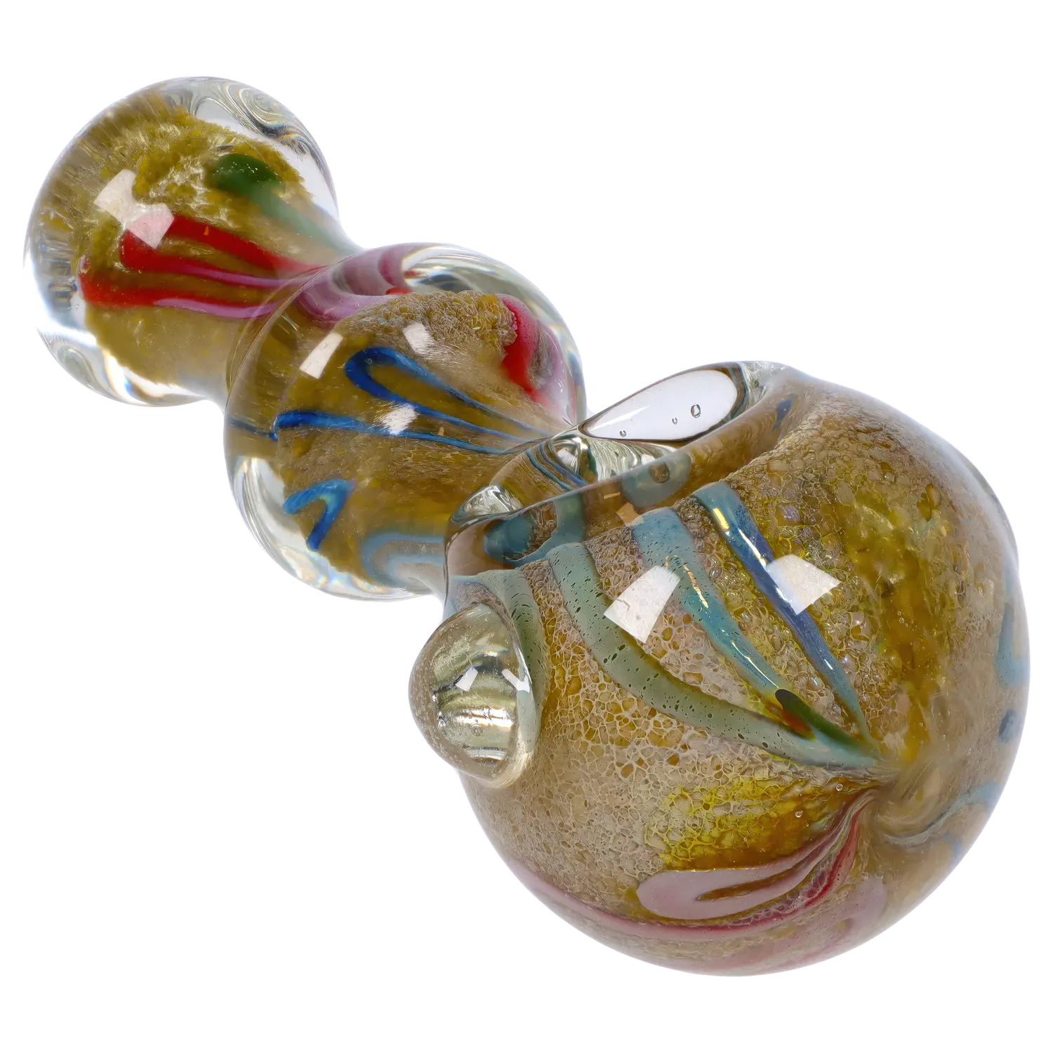 Angled close-up of the DHC Fancy Frit Spoon Pipe - 3.5 in. showing its glossy milky green glass with swirled blue, red, and pink ribbons and textured frit interior.