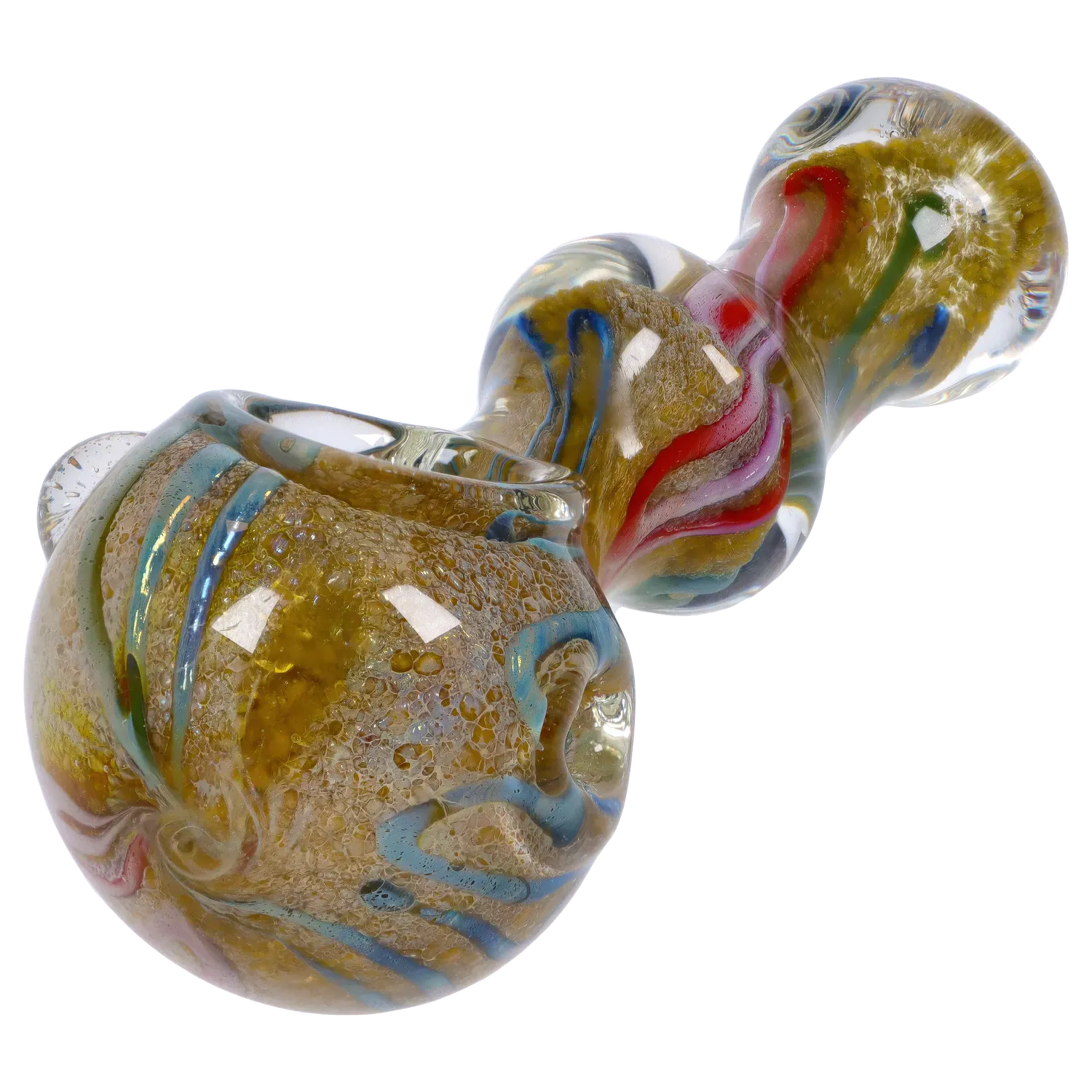 Close-up angled view of the DHC Fancy Frit Spoon Pipe - 3.5 in. showing textured amber glass with blue and red swirls under a glossy clear surface.