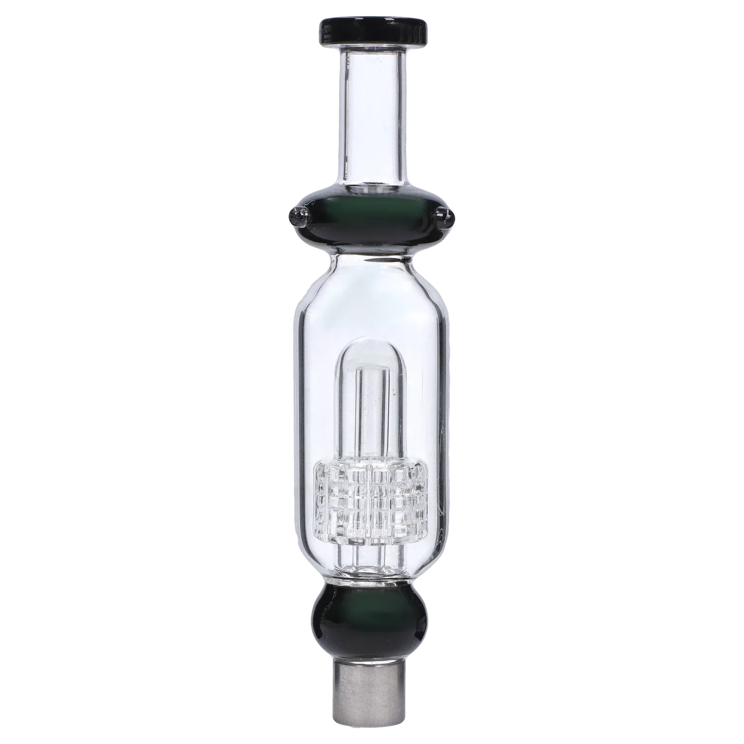 Centered close-up of the DHC Shower Head Perc Nectar Collector - 14mm showing its clear glass chamber and black accent.