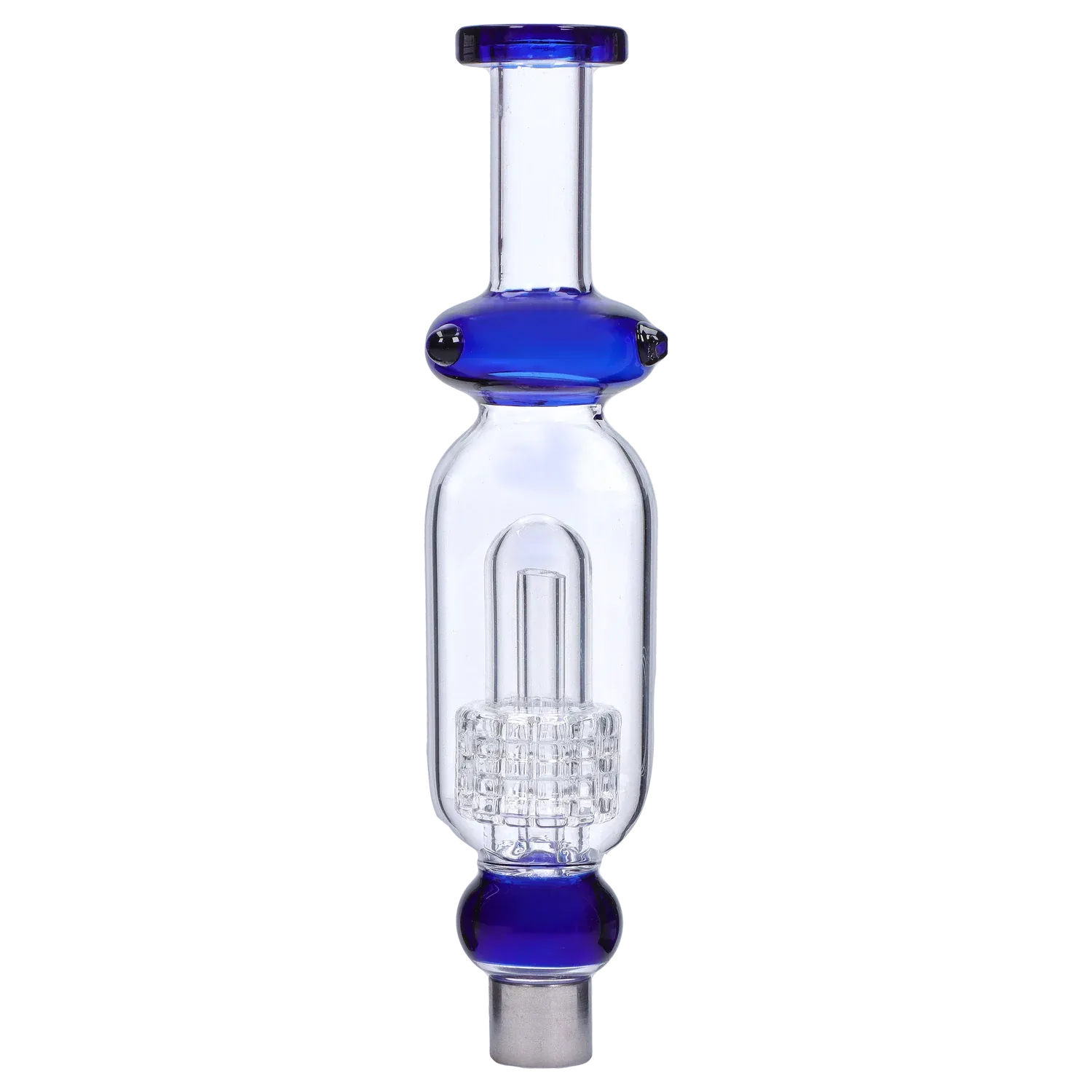 Vertical close-up of the clear glass DHC Shower Head Perc Nectar Collector - 14mm showing a blue-rimmed mouthpiece and blue accent globes against a pale, striped background