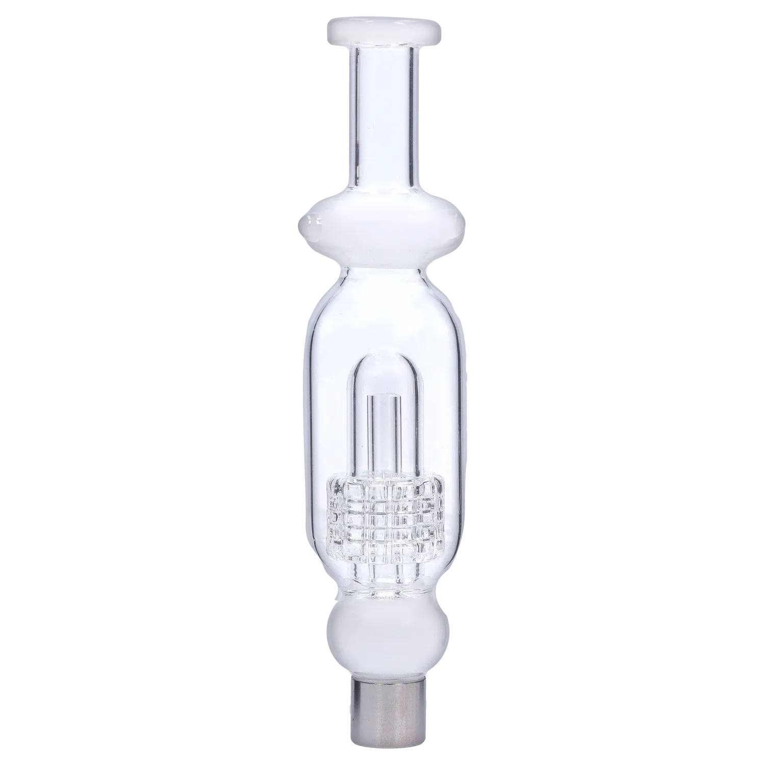 Centered close-up of the clear glass DHC Shower Head Perc Nectar Collector - 14mm showing its vertical chamber, percolator grid and reflective base against a soft gray background