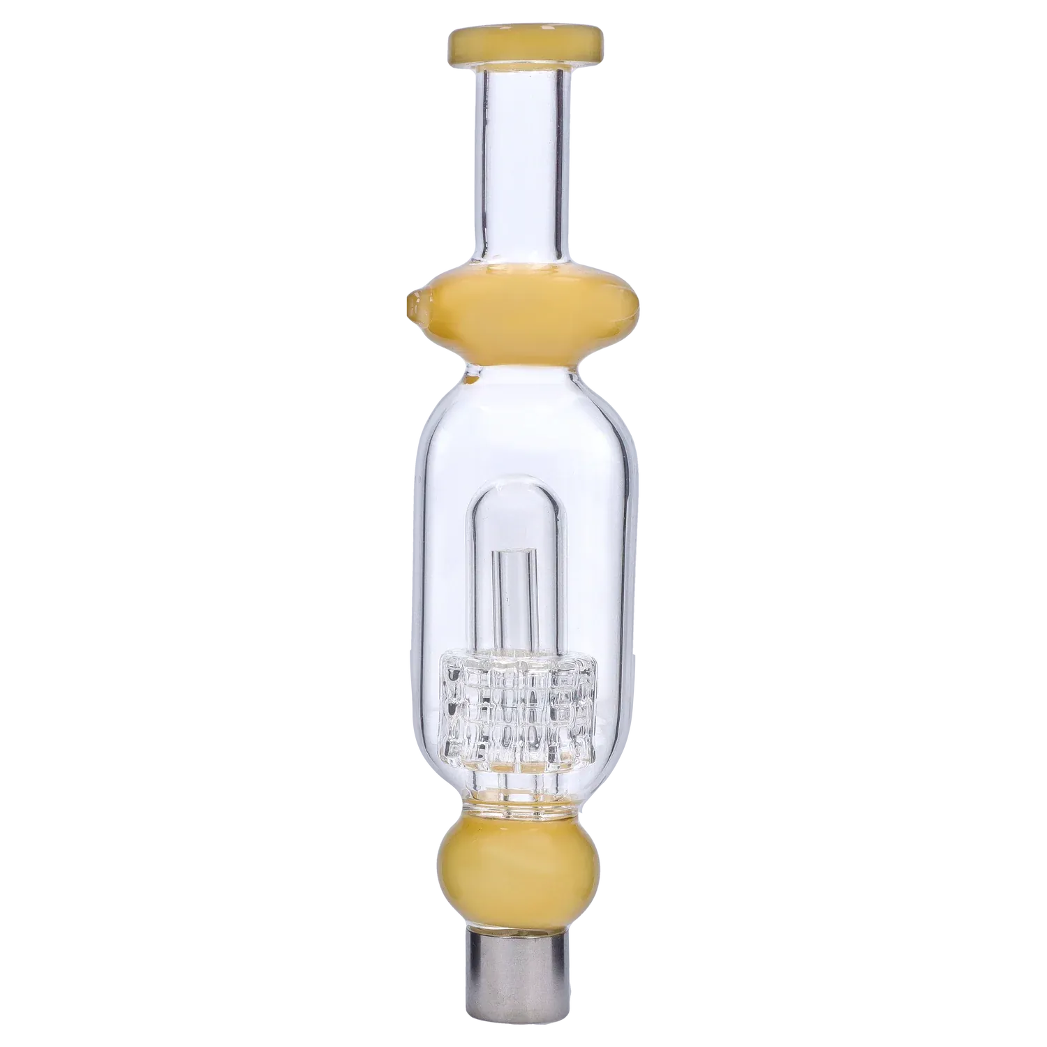 Close-up vertical shot of the DHC Shower Head Perc Nectar Collector - 14mm showing its clear glass chamber with an internal showerhead percolator and yellow glass accents.