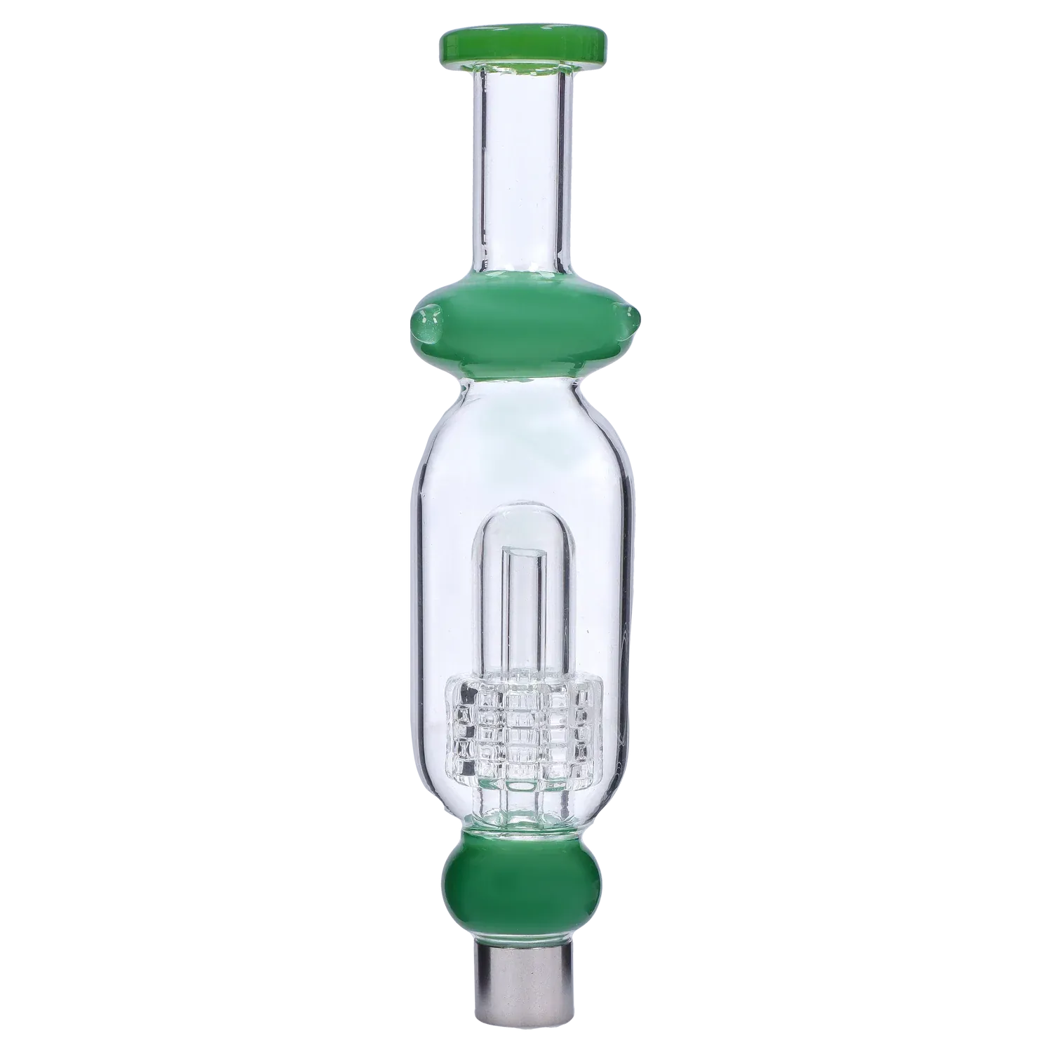 Centered vertical close-up of the DHC Shower Head Perc Nectar Collector - 14mm showing its clear glass chamber with internal showerhead percolator and green accent ring against a soft gray background