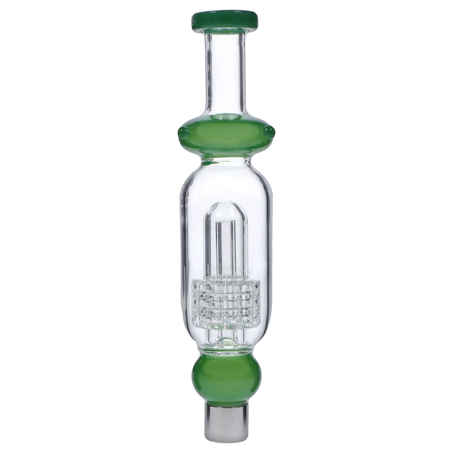 Vertical close-up of the DHC Shower Head Perc Nectar Collector - 14mm showing its clear glass chamber with green-rimmed mouthpiece and visible showerhead perc.
