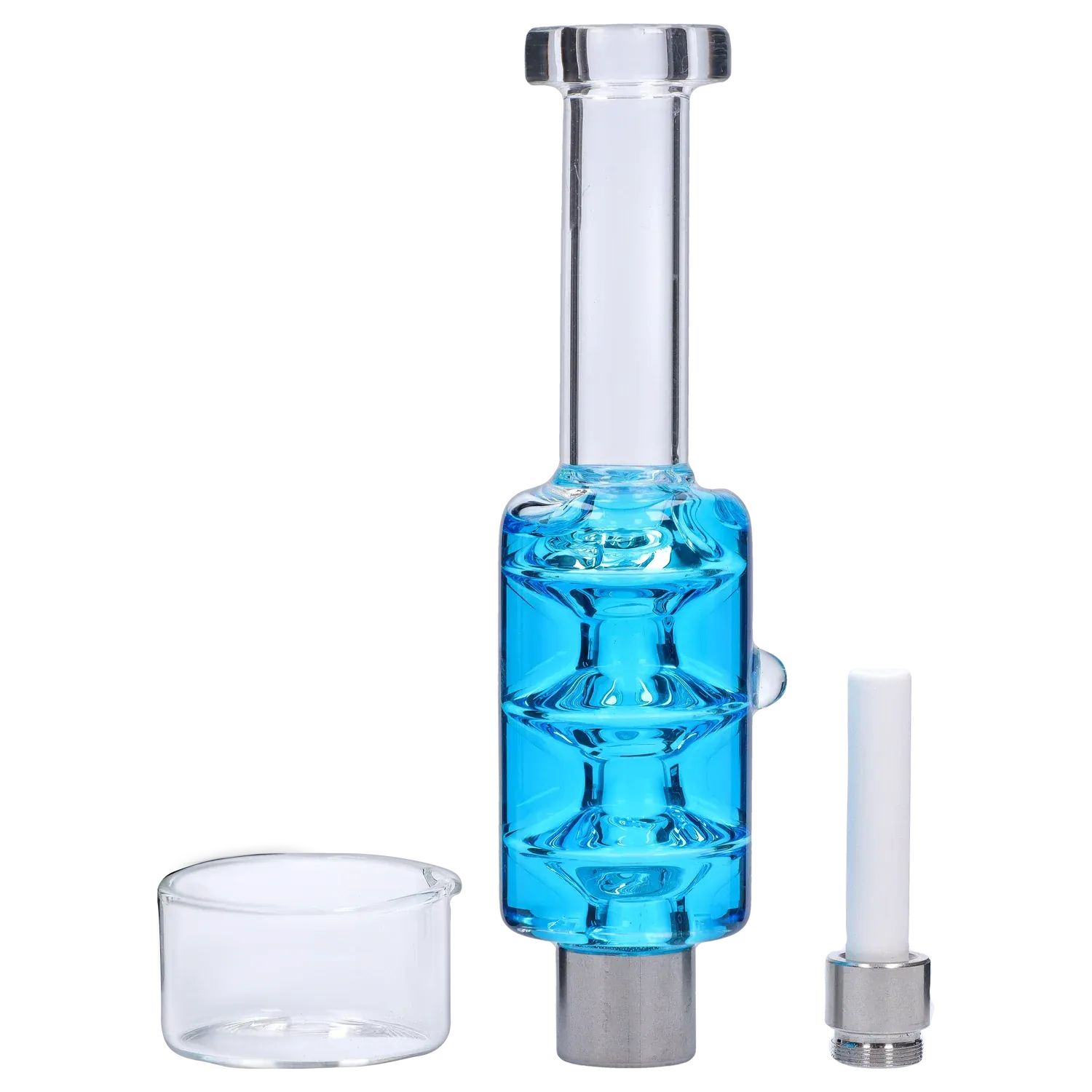 Close-up front view of the DHC Freezable Glycerin Nectar Collector showing its upright clear glass mouthpiece and bright blue glycerin chamber with two glass accessories beside it.
