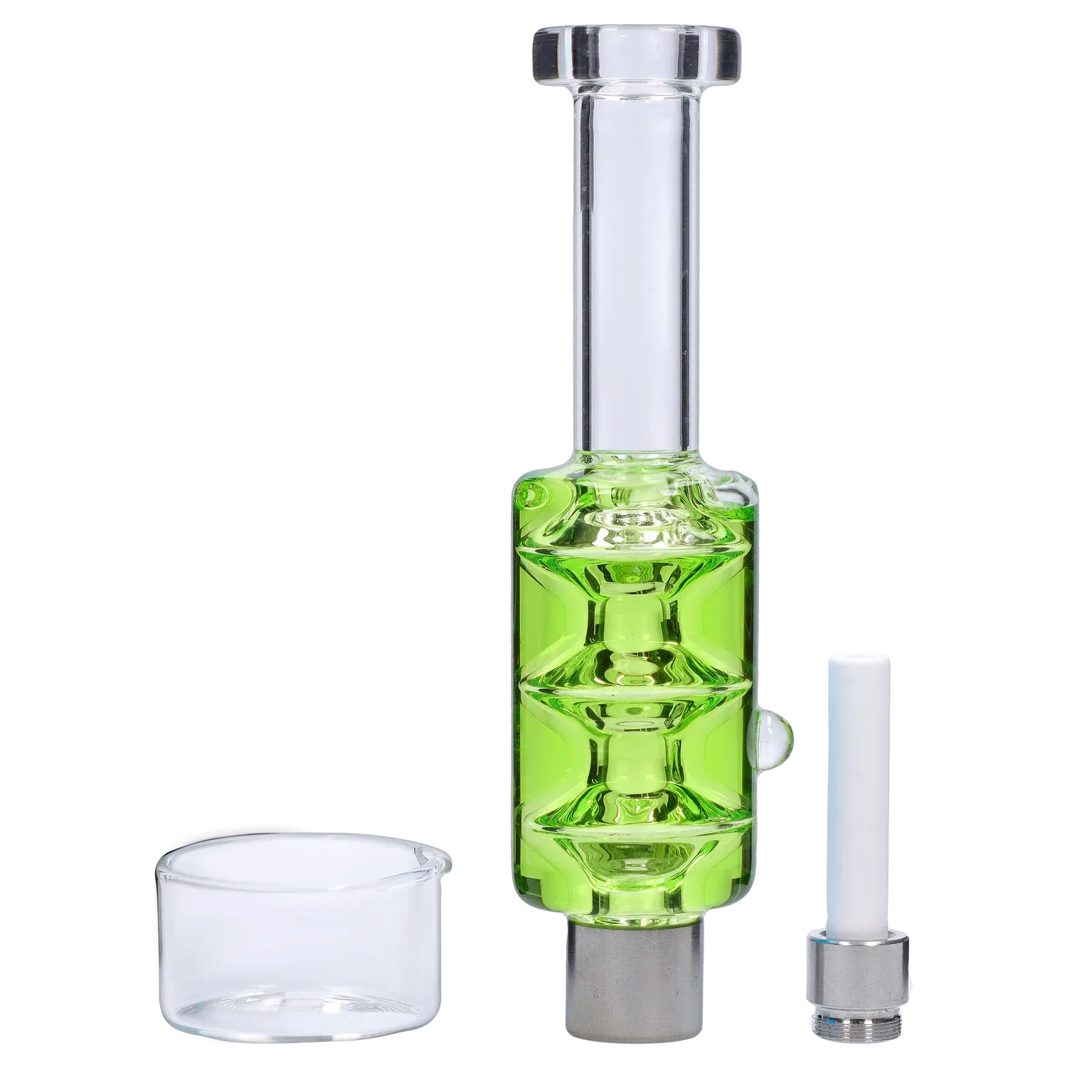 Studio-lit close-up of the DHC Freezable Glycerin Nectar Collector showing a vertical clear mouthpiece above a translucent green glycerin chamber and two accessory pieces on a pale gray background