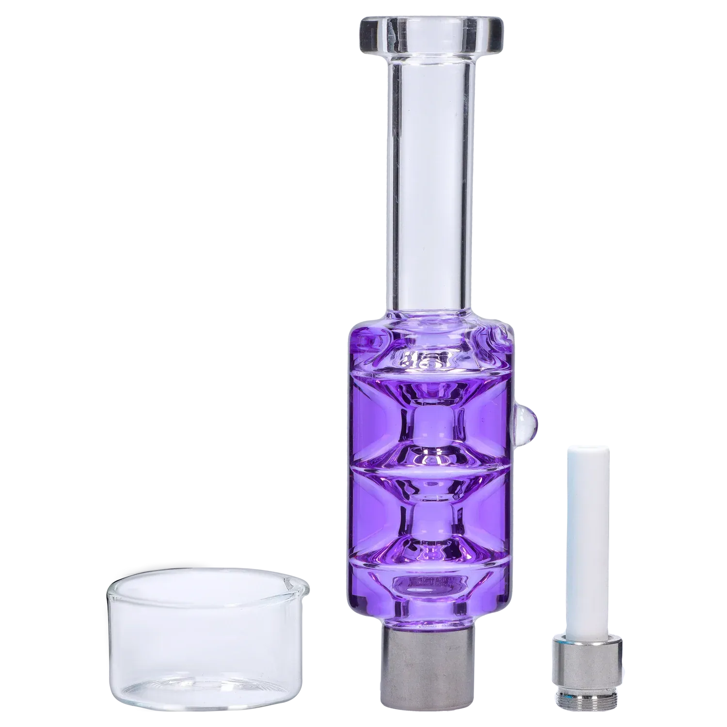 Close-up of the DHC Freezable Glycerin Nectar Collector showing a vertical clear mouthpiece and a purple glycerin-filled chamber against a neutral background.