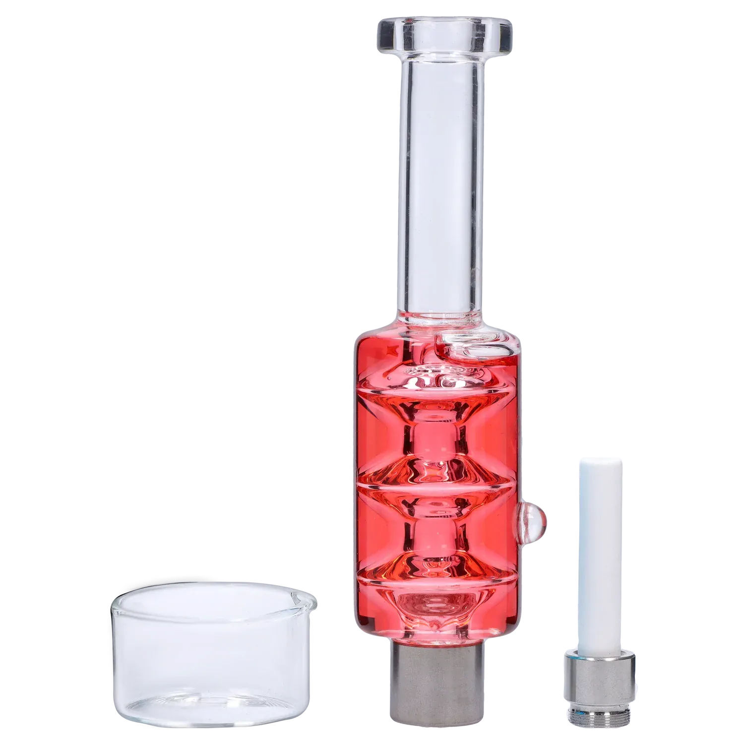 Close-up front view of the DHC Freezable Glycerin Nectar Collector showing its red glass chamber, clear mouthpiece, and metal base.