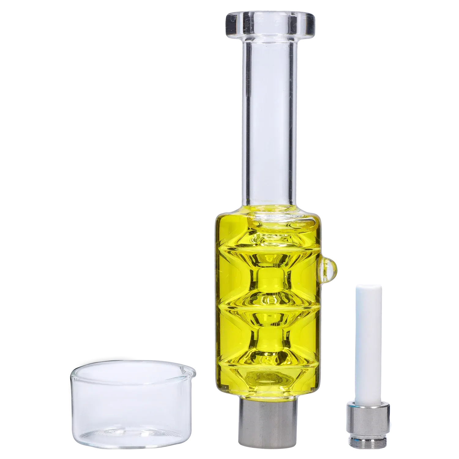Close-up front view of the DHC Freezable Glycerin Nectar Collector showing a vertical clear glass mouthpiece above a yellow glycerin-filled chamber and disassembled glass and metal parts.