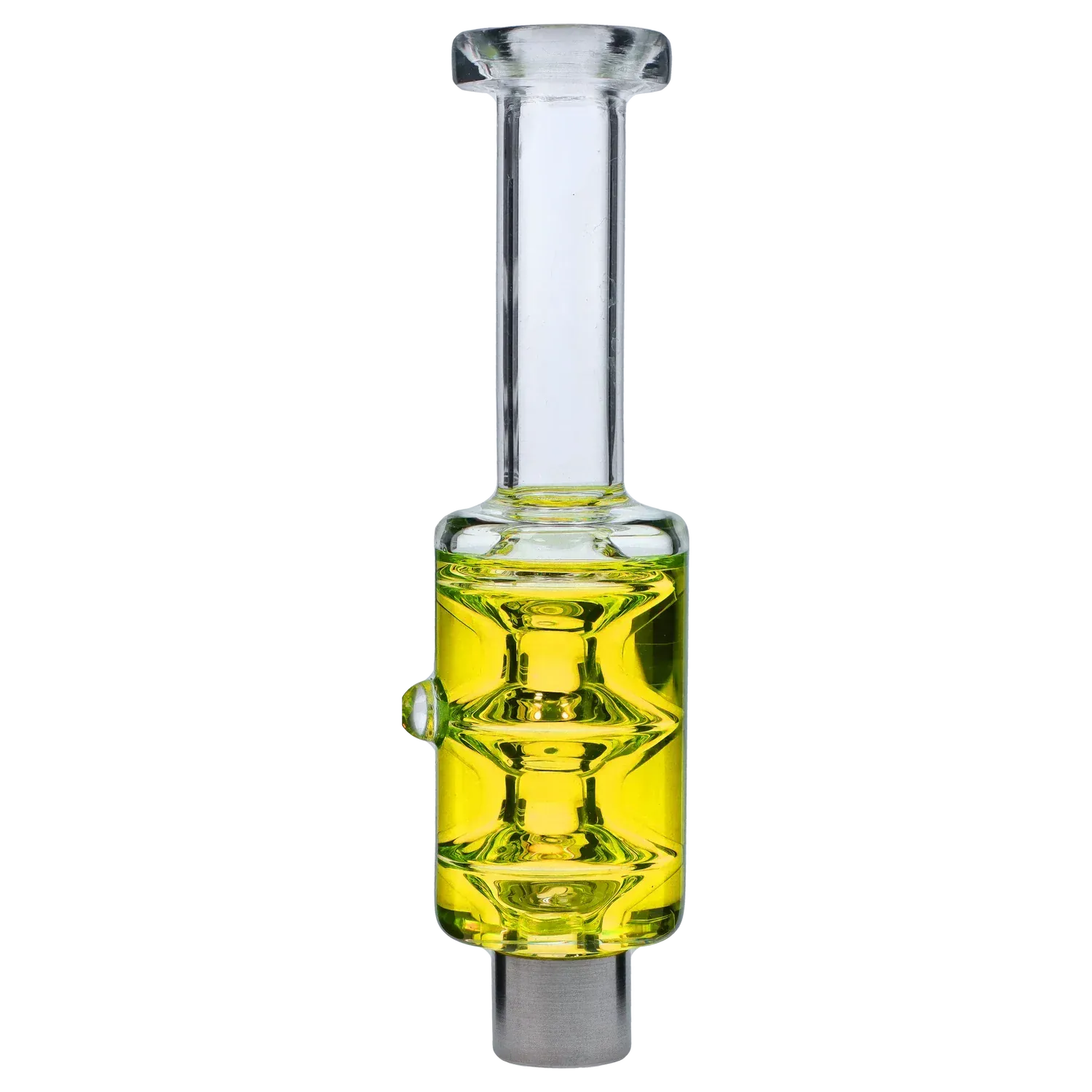 Vertical close-up of the clear glass DHC Freezable Glycerin Nectar Collector showing a bright yellow glycerin chamber and straight mouthpiece.