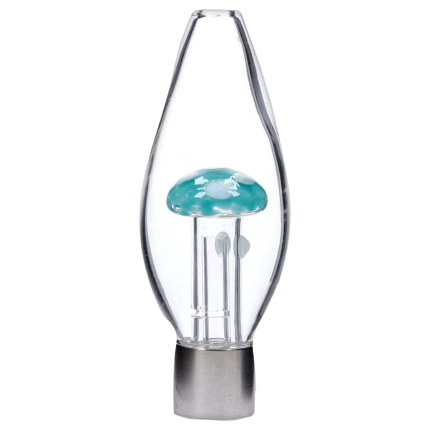 Centered close-up of the DHC Mini Egg with Mushroom Perc Nectar Collector showcasing a teardrop glass body with a small teal mushroom percolator inside.