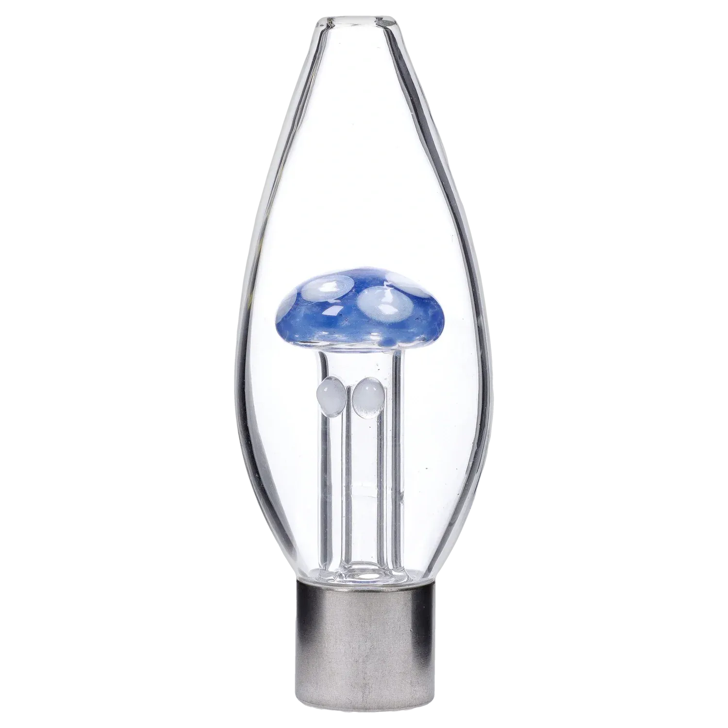 Centered close-up of the clear DHC Mini Egg with Mushroom Perc Nectar Collector showing a blue glass mushroom inside a teardrop chamber.