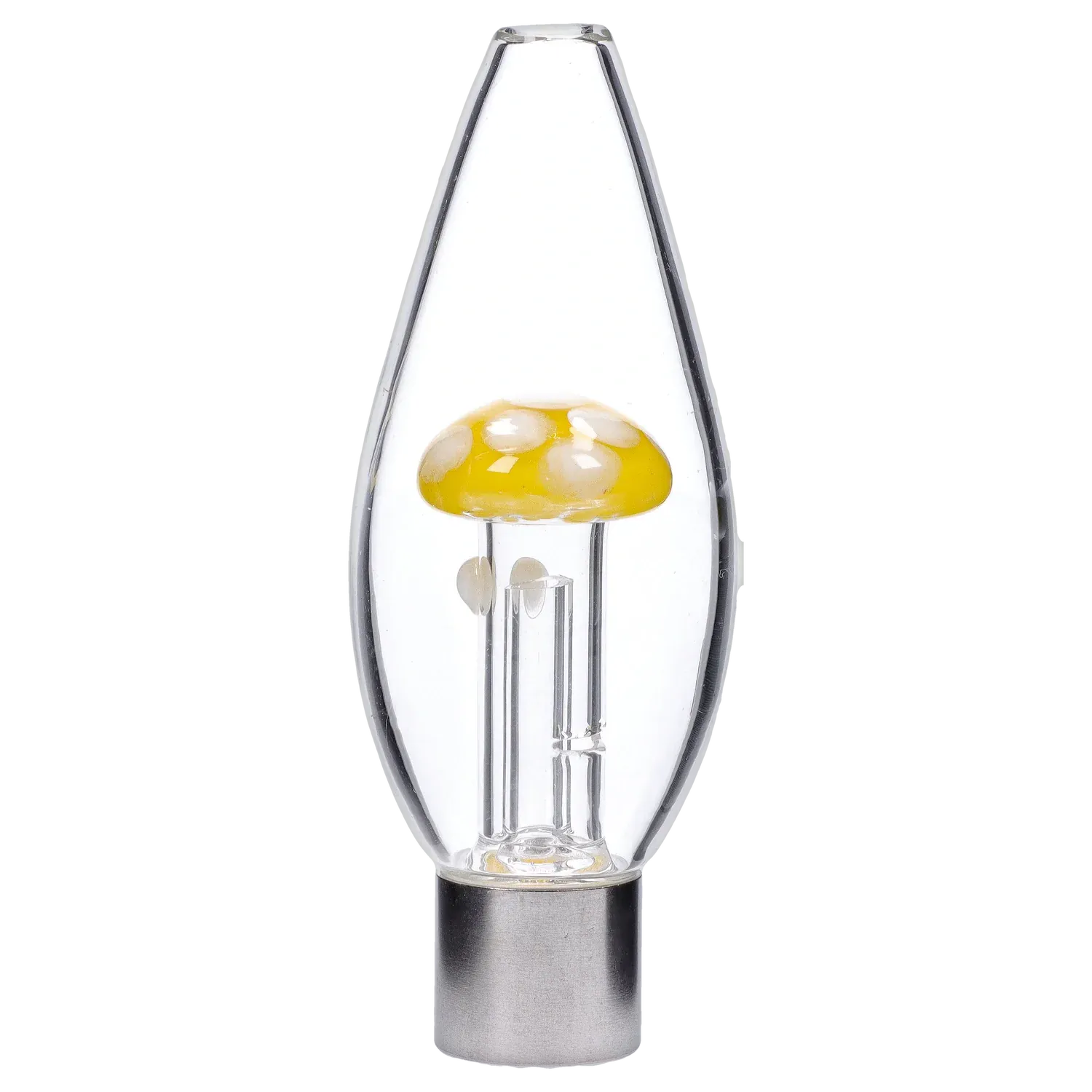 Close-up front view of the DHC Mini Egg with Mushroom Perc Nectar Collector showing a yellow spotted glass mushroom inside a teardrop clear bulb against a soft gray background