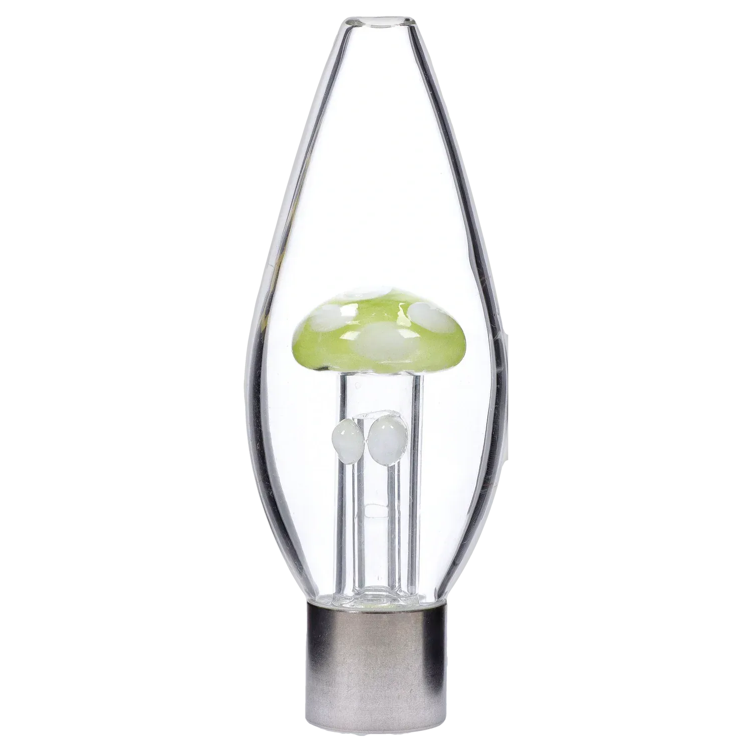 Close-up front view of the DHC Mini Egg with Mushroom Perc Nectar Collector showing a glass teardrop chamber with a green mushroom inside.