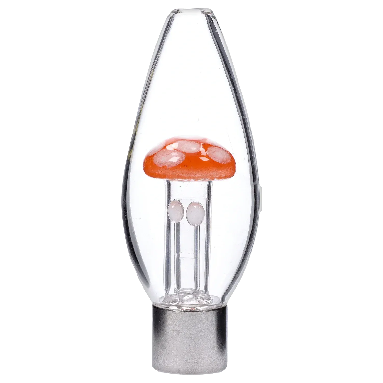 Close-up front view of the DHC Mini Egg with Mushroom Perc Nectar Collector showing a clear teardrop glass body with a small red mushroom-shaped percolator inside.