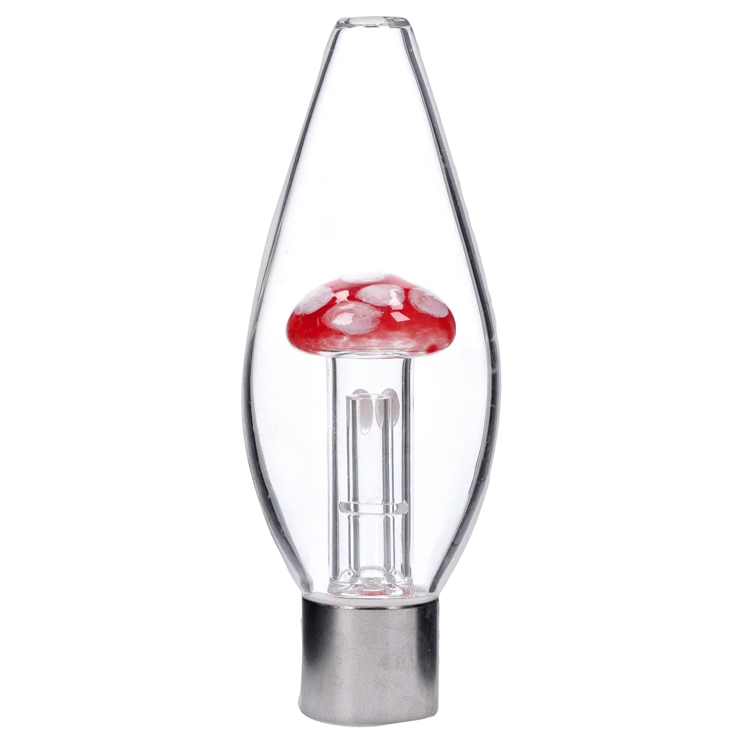 Close-up centered view of the DHC Mini Egg with Mushroom Perc Nectar Collector showing a red mushroom-shaped percolator inside a clear teardrop glass chamber.