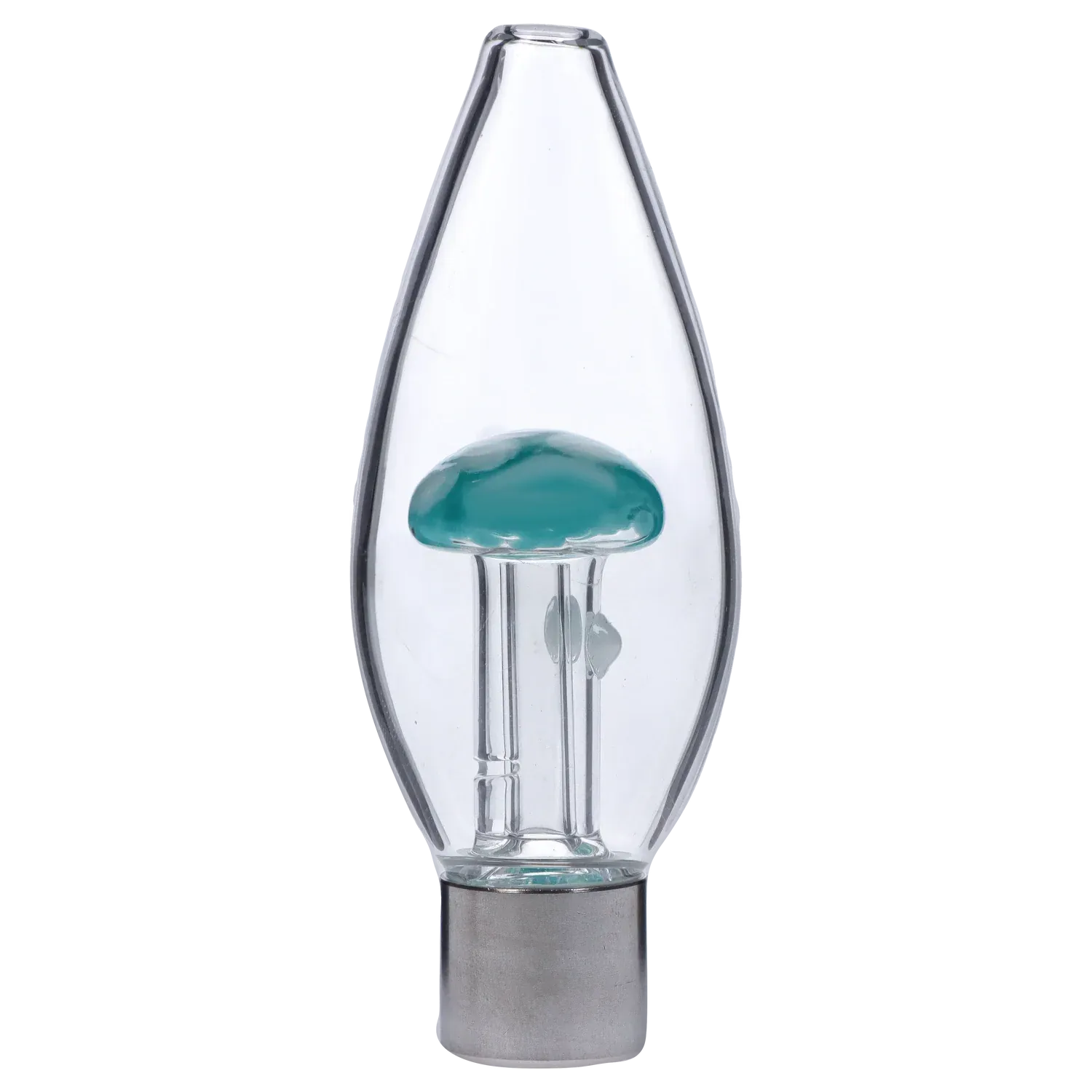 Close-up front view of the DHC Mini Egg with Mushroom Perc Nectar Collector showing a clear, teardrop glass body and a small light-green mushroom percolator inside.