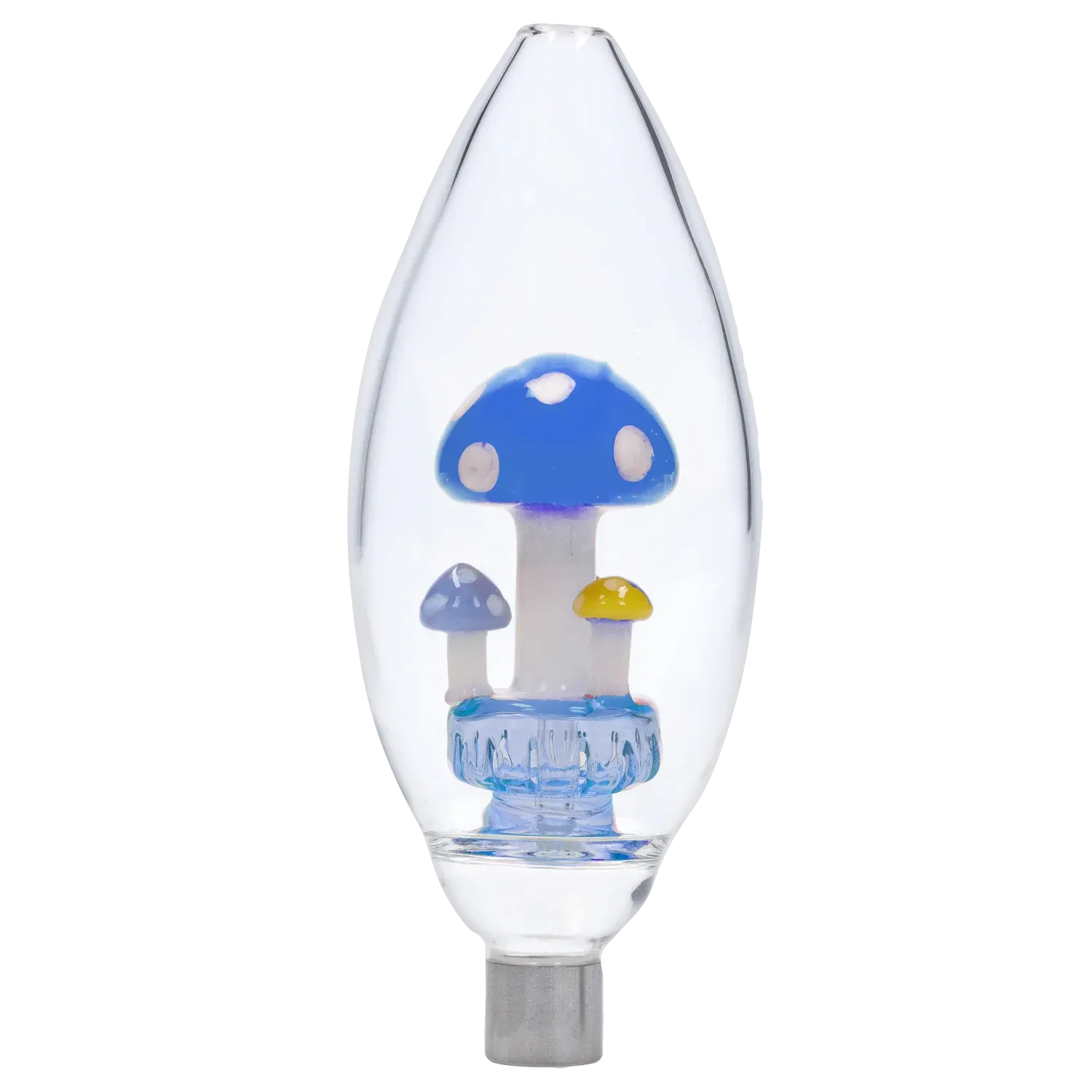 Close-up front view of the DHC Egg with Mushroom Perc Nectar Collector - 14mm showing three glass mushroom sculptures (blue, lavender, yellow) inside a clear teardrop chamber.