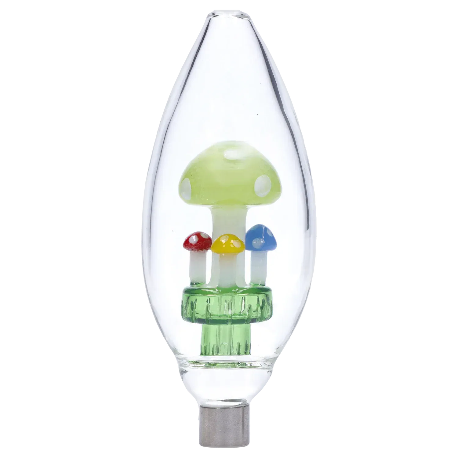 Center close-up of the DHC Egg with Mushroom Perc Nectar Collector - 14mm showing a clear teardrop glass chamber with a green stem and four colorful mushroom percs.