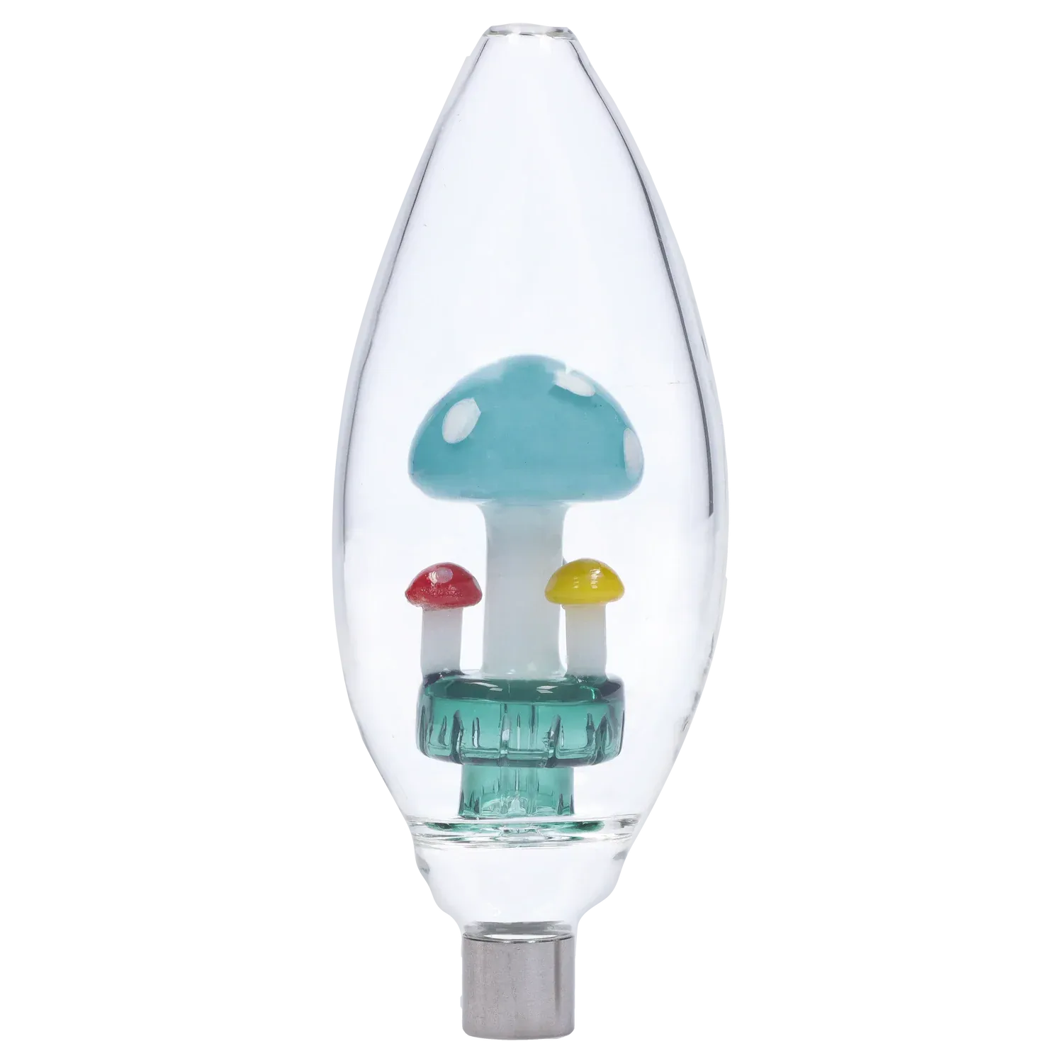 Close-up front view of the DHC Egg with Mushroom Perc Nectar Collector - 14mm showing a glass egg chamber with three colorful mushroom-shaped percs inside.