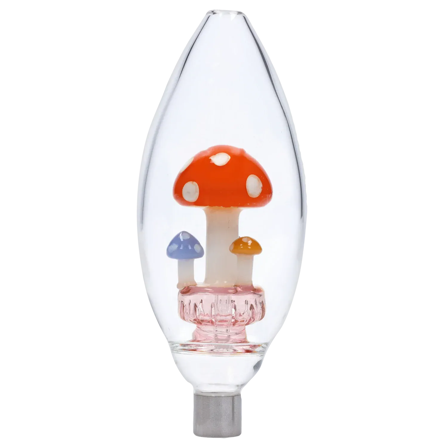Close-up front view of the DHC Egg with Mushroom Perc Nectar Collector - 14mm showing three colorful glass mushrooms inside a clear egg-shaped tip.