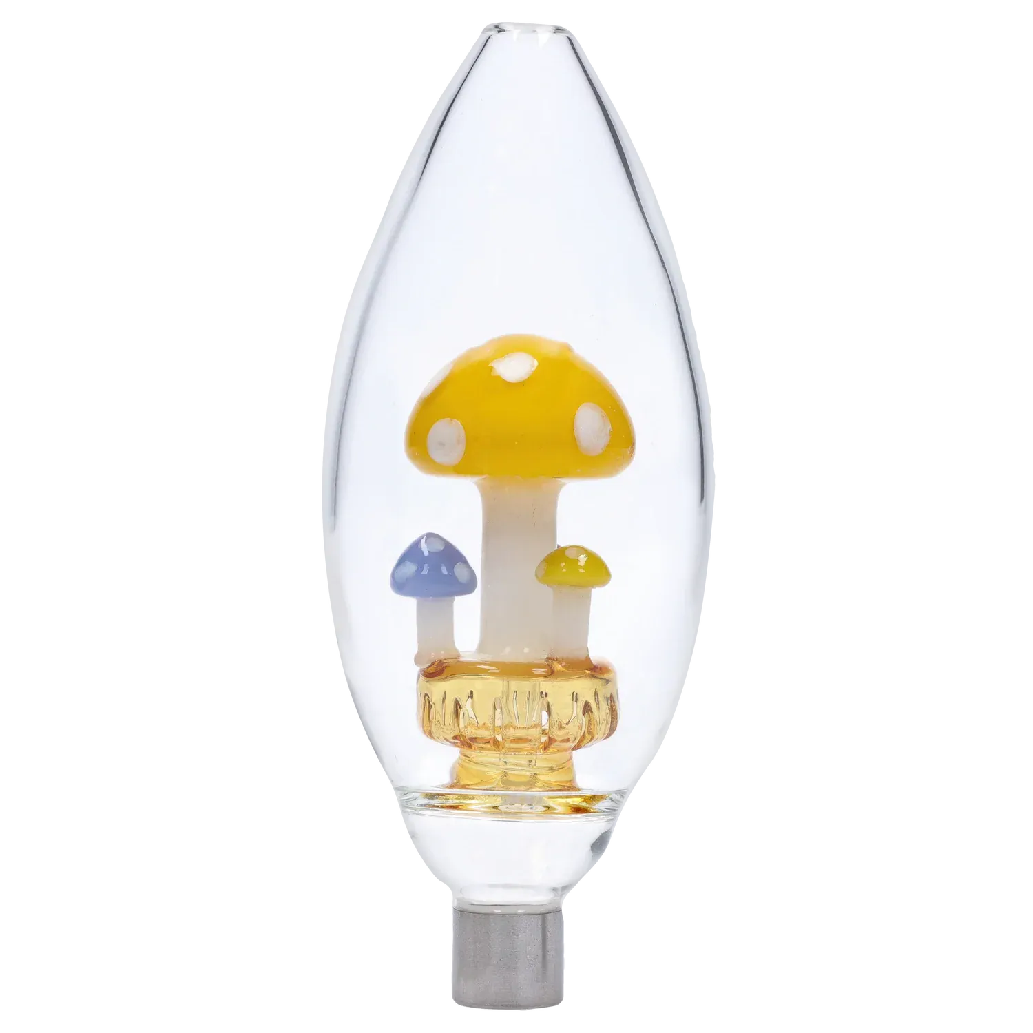 Close-up front view of the DHC Egg with Mushroom Perc Nectar Collector - 14mm showing three glass mushrooms (yellow, blue, small yellow) encased in a clear teardrop chamber.