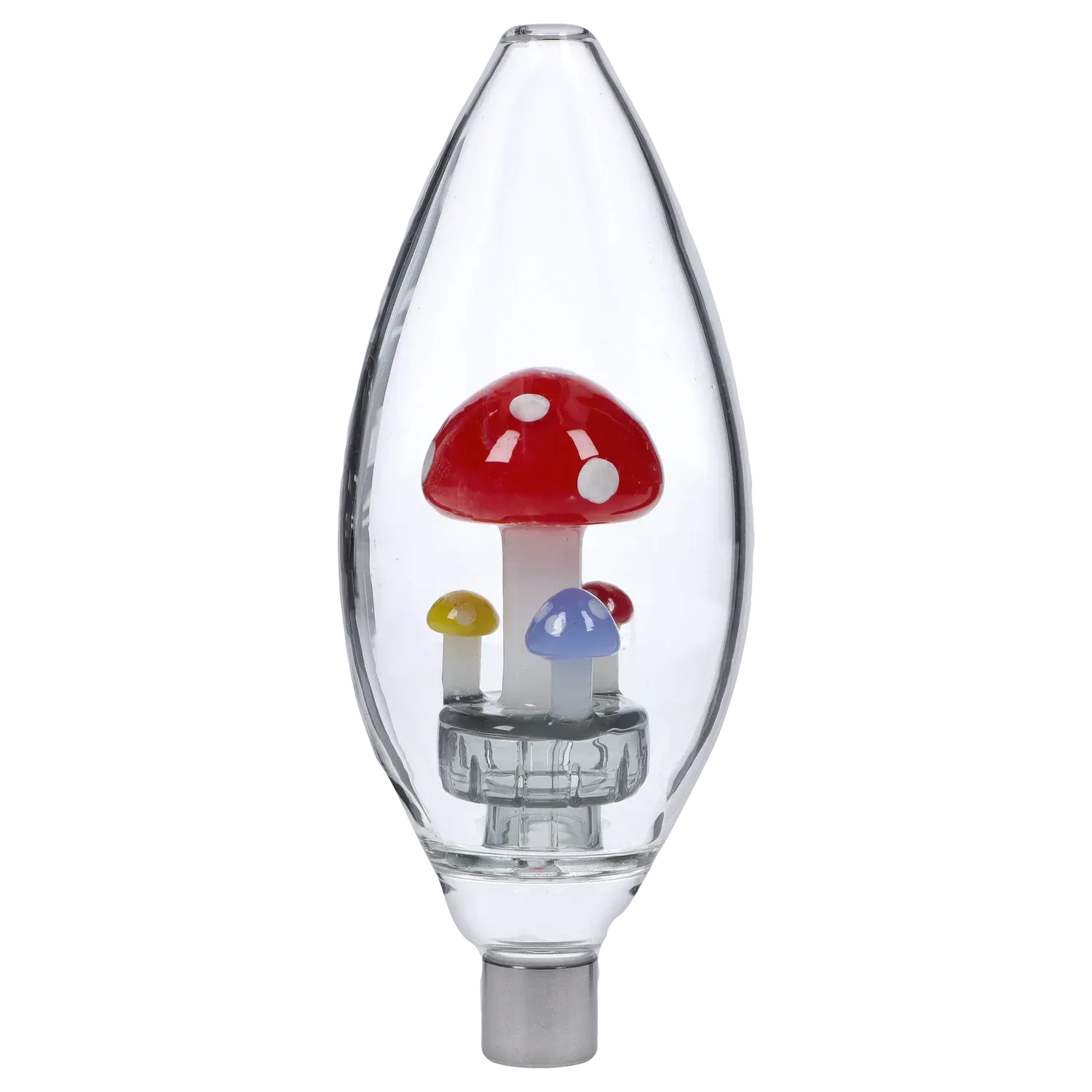 Close-up front view of the DHC Egg with Mushroom Perc Nectar Collector - 14mm showing a clear egg-shaped glass chamber with a red-spotted mushroom and two smaller yellow and blue mushrooms inside.