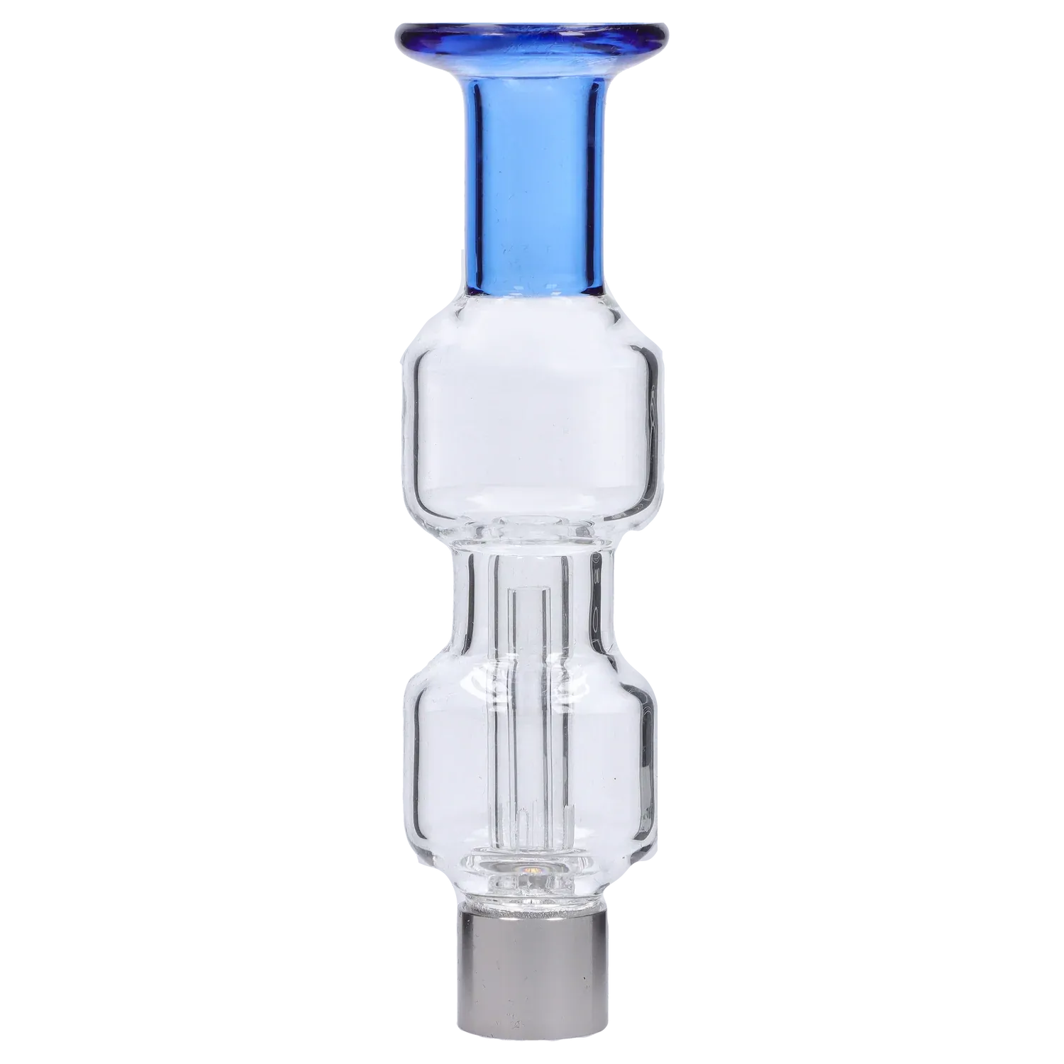 Close-up vertical view of the New Fire Falcon Nectar Collector - 14mm showing a clear glass body with stacked chamber bulges and a blue-tinted mouthpiece against a neutral gray background