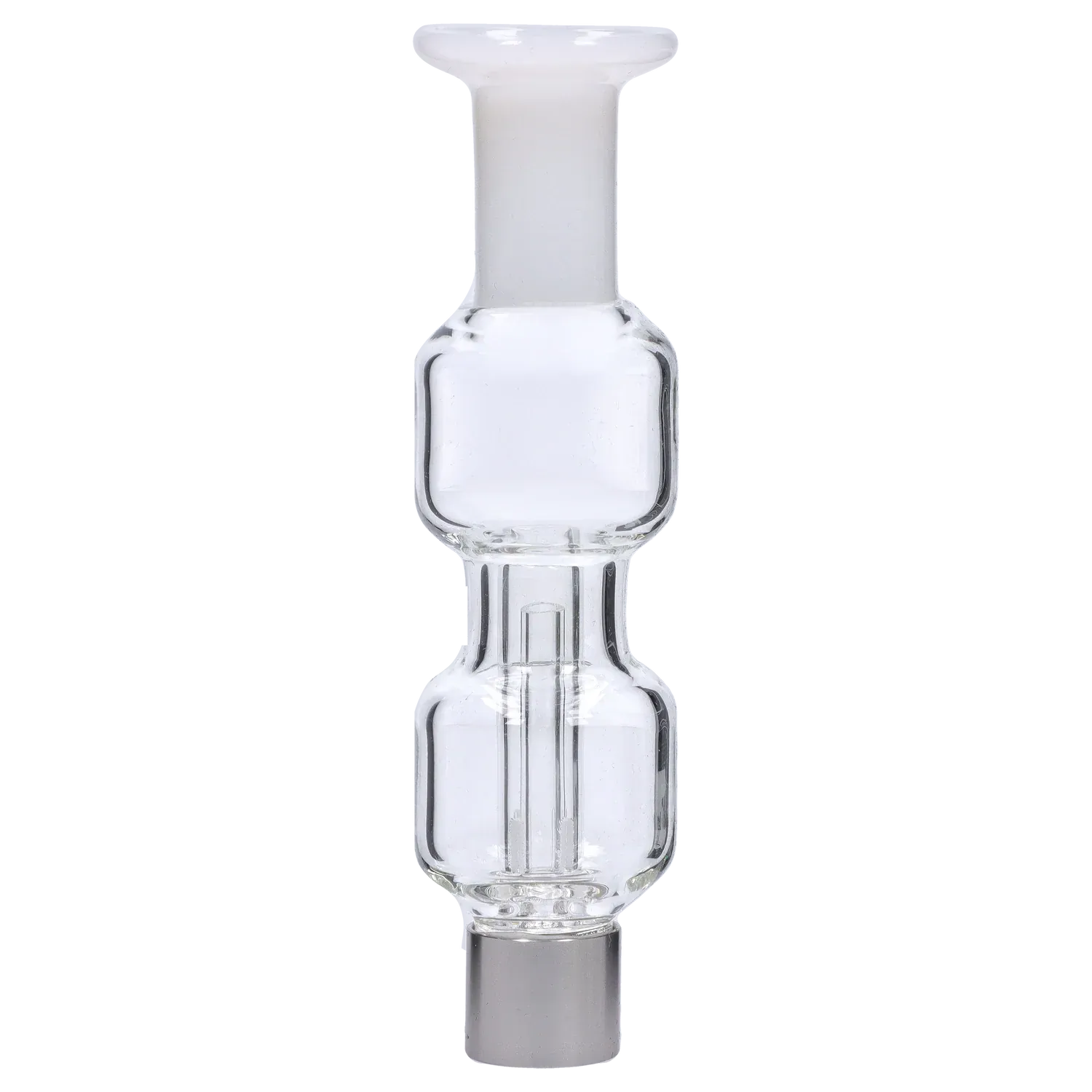 Close-up vertical shot of the clear glass New Fire Falcon Nectar Collector - 14mm showing stacked bulb chambers and a frosted joint against a neutral gray background