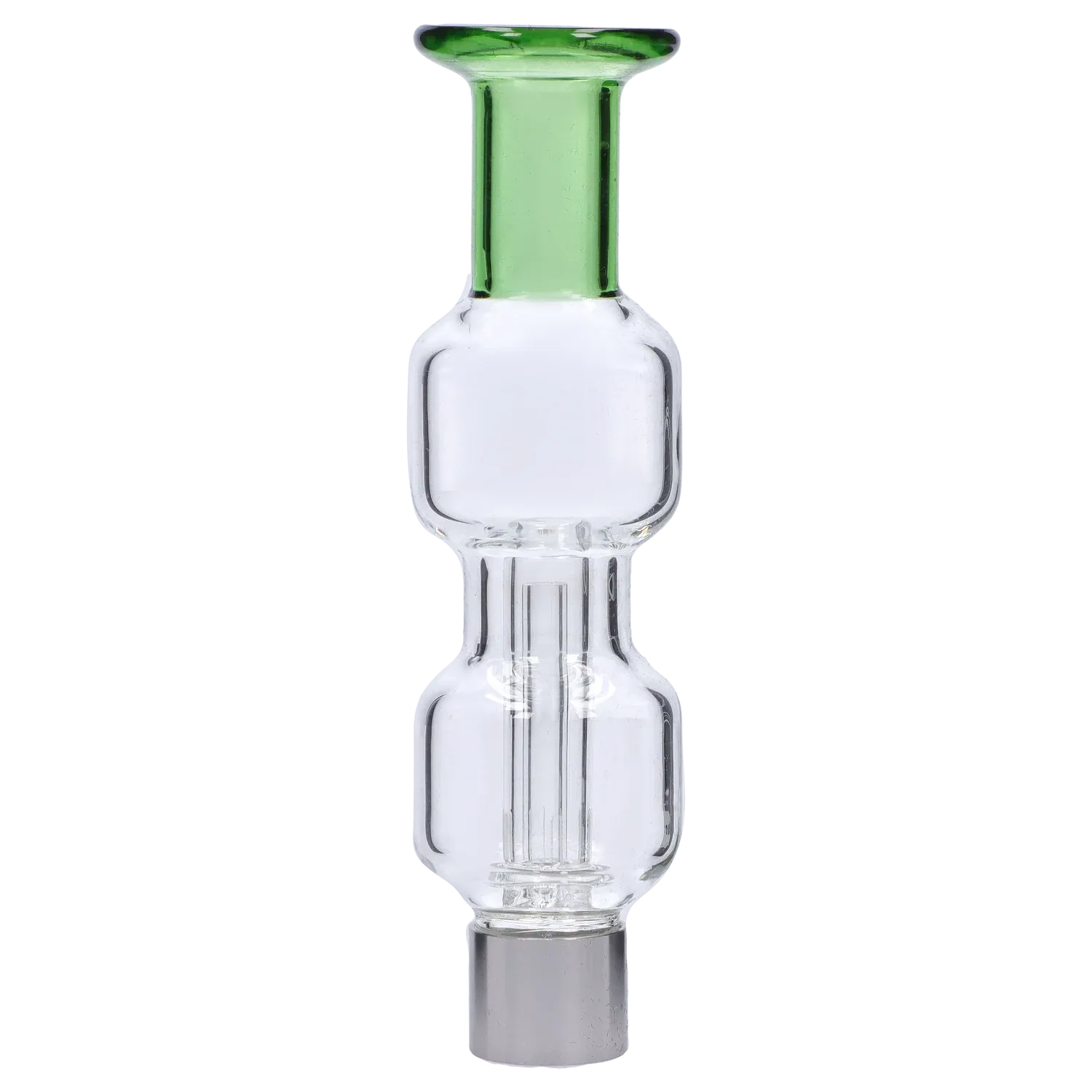 Vertical close-up of the New Fire Falcon Nectar Collector - 14mm showing a clear glass body with a green flared mouthpiece against a soft gray striped background
