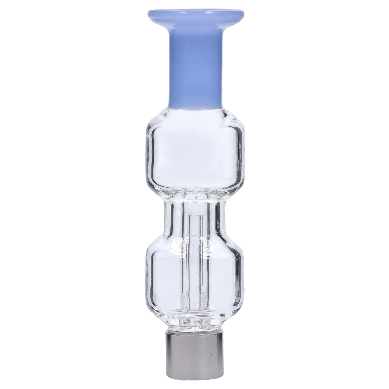 Centered close-up of the New Fire Falcon Nectar Collector - 14mm showing a transparent multi-chamber glass body topped by a pale blue mouthpiece against a soft, striped gray background