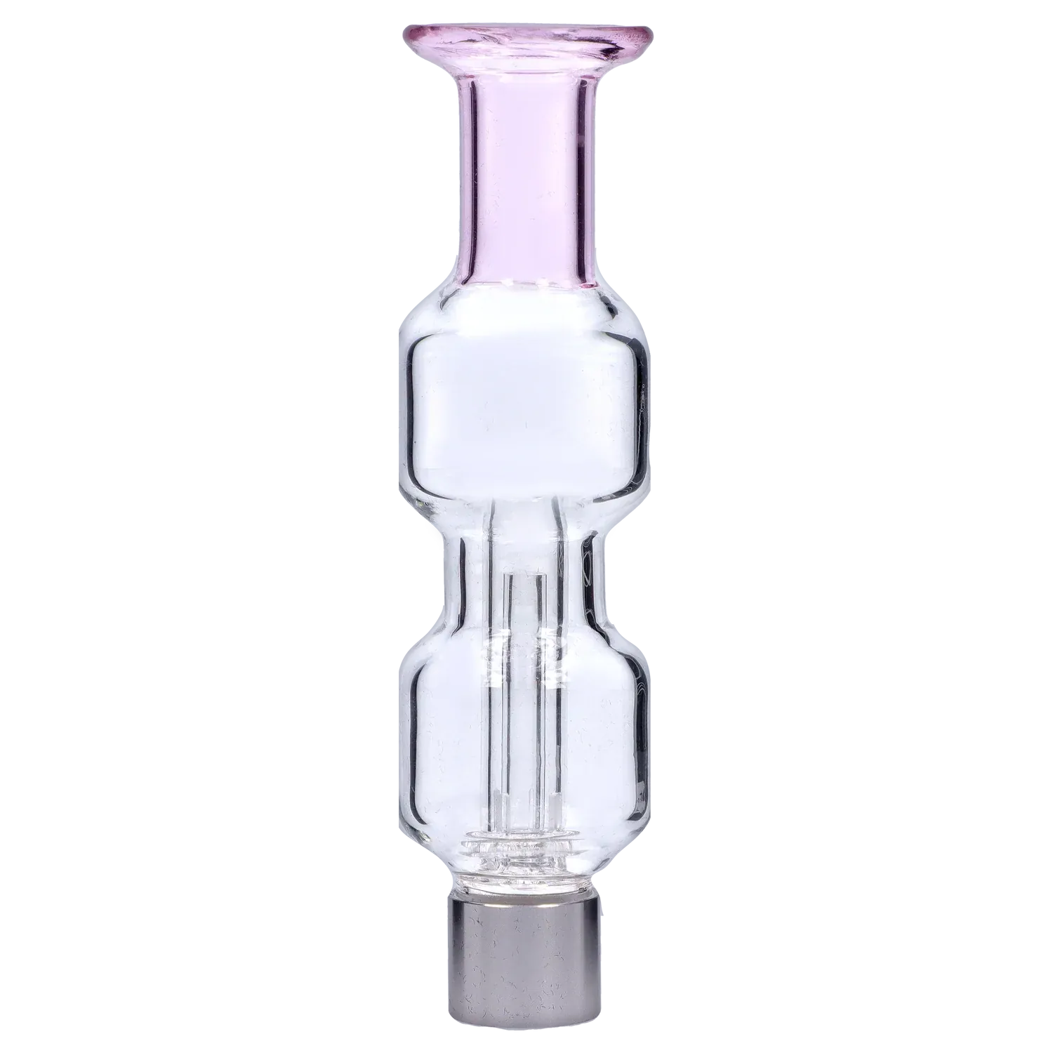 Centered vertical close-up of the New Fire Falcon Nectar Collector - 14mm showing its clear glass body with a faint pink mouthpiece against a soft gray striped background