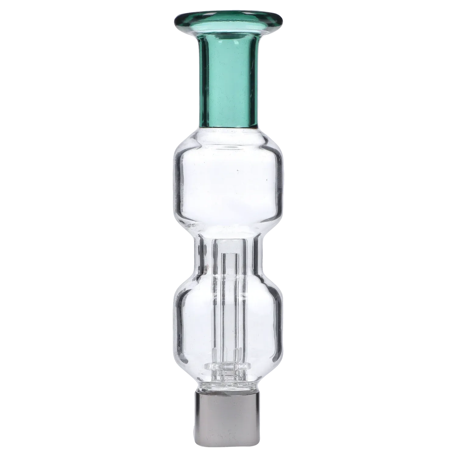 Straight-on close-up of the New Fire Falcon Nectar Collector - 14mm showing a teal mouthpiece and clear bubbled glass chamber against a white background.